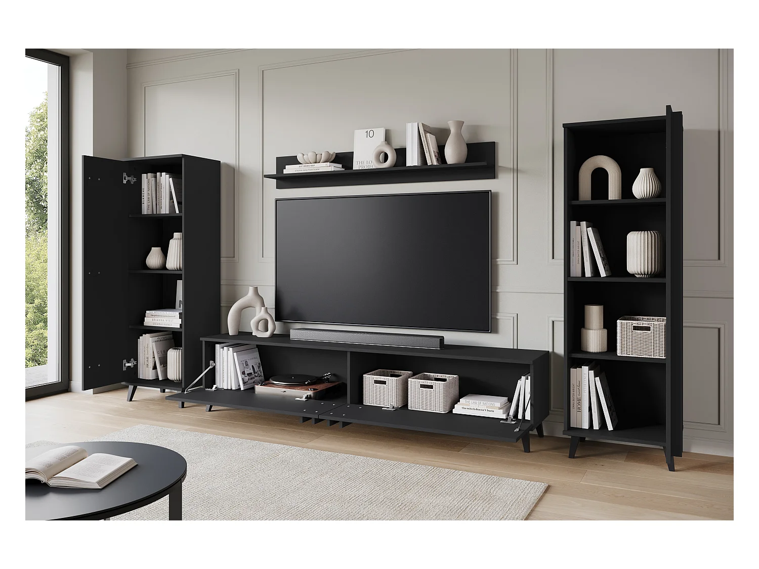 Meuble mural 180 cm pour salon sur pieds – ensemble TV moderne avec étagères et tablette, noir mat