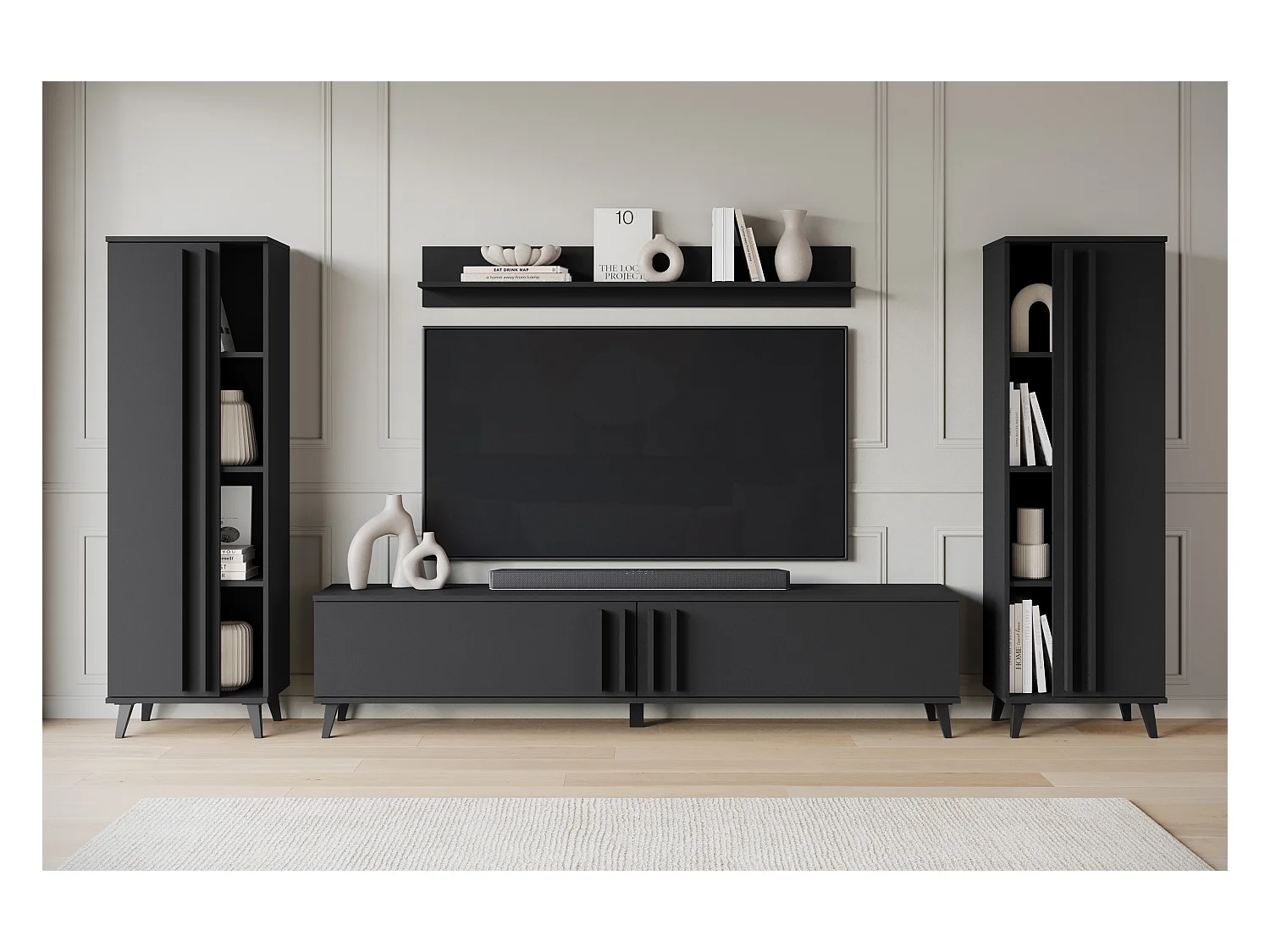 Meuble mural 180 cm pour salon sur pieds – ensemble TV moderne avec étagères et tablette, noir mat