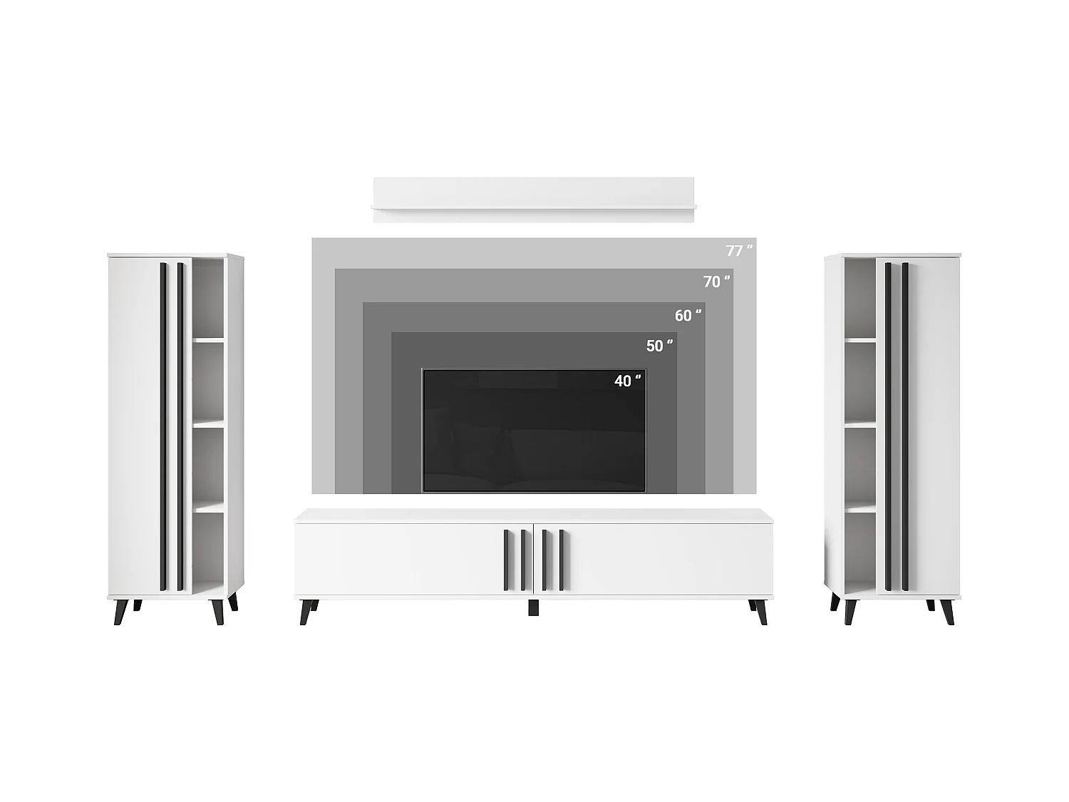 Meuble mural 180 cm pour salon sur pieds – ensemble TV moderne avec étagères et tablette, noir mat