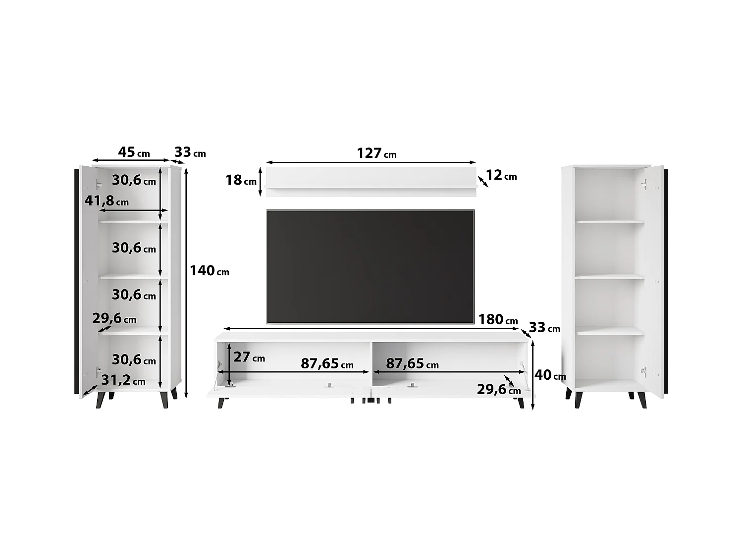 Meuble mural 180 cm pour salon sur pieds – ensemble TV moderne avec étagères et tablette, noir mat