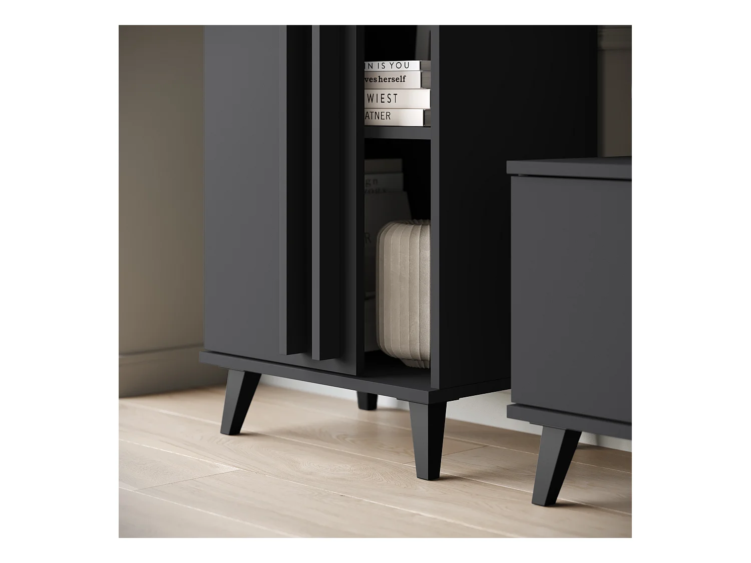 Meuble mural 180 cm pour salon sur pieds – ensemble TV moderne avec étagères et tablette, noir mat