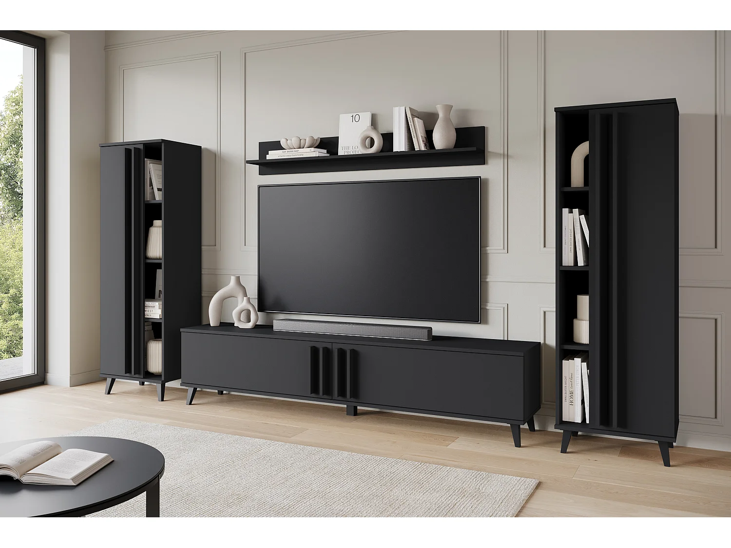 Meuble mural 180 cm pour salon sur pieds – ensemble TV moderne avec étagères et tablette, noir mat