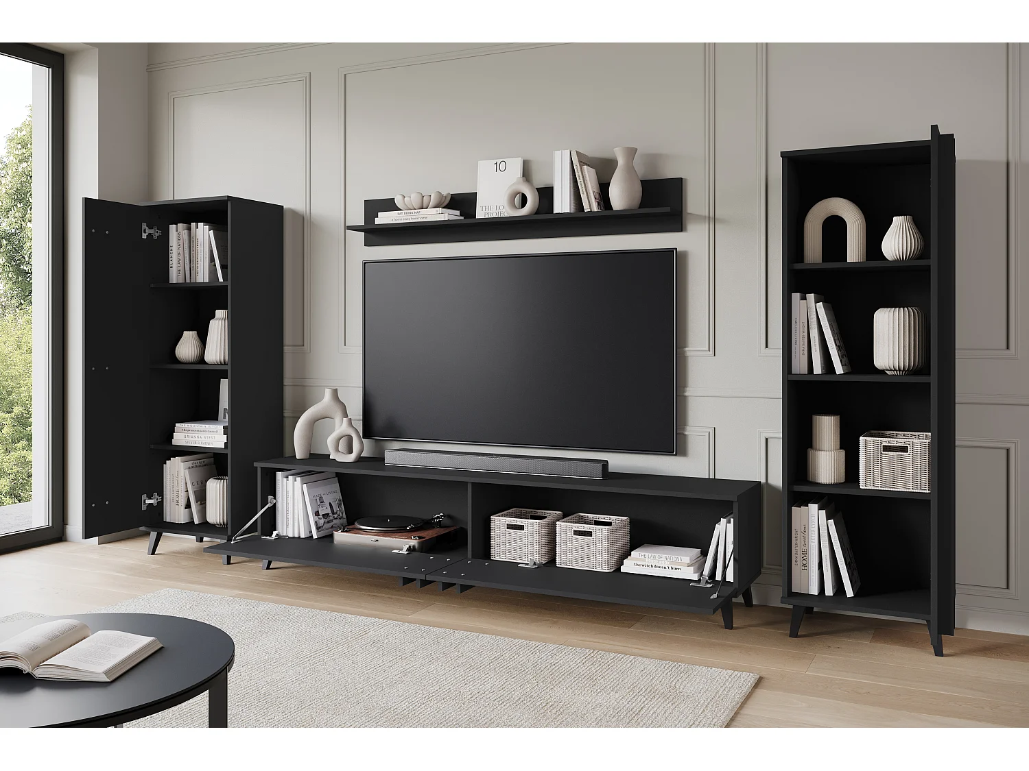 Meuble mural 180 cm pour salon sur pieds – ensemble TV moderne avec étagères et tablette, noir mat