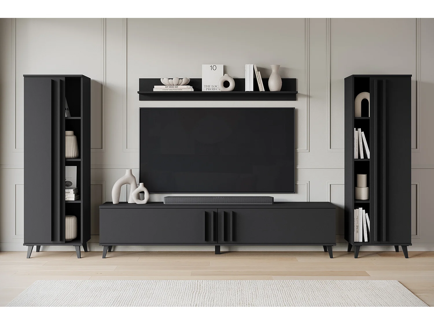 Meuble mural 180 cm pour salon sur pieds – ensemble TV moderne avec étagères et tablette, noir mat