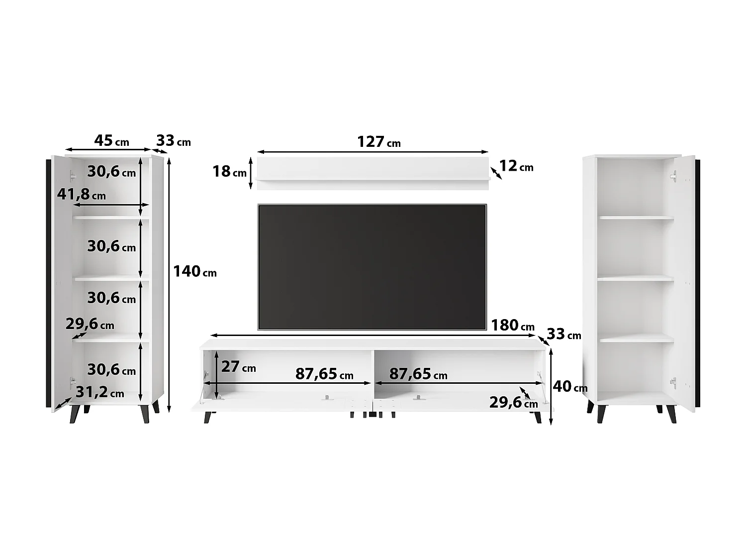 Meuble mural 180 cm pour salon sur pieds – ensemble TV moderne avec étagères et tablette, noir mat
