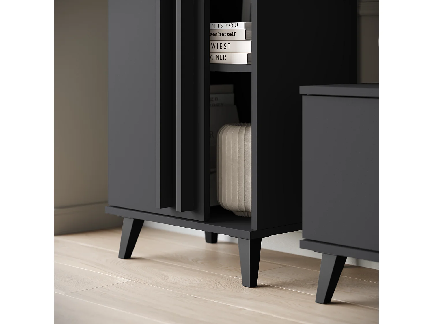 Meuble mural 180 cm pour salon sur pieds – ensemble TV moderne avec étagères et tablette, noir mat