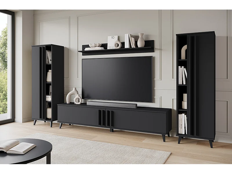 Meuble mural 180 cm pour salon sur pieds – ensemble TV moderne avec étagères et tablette, noir mat