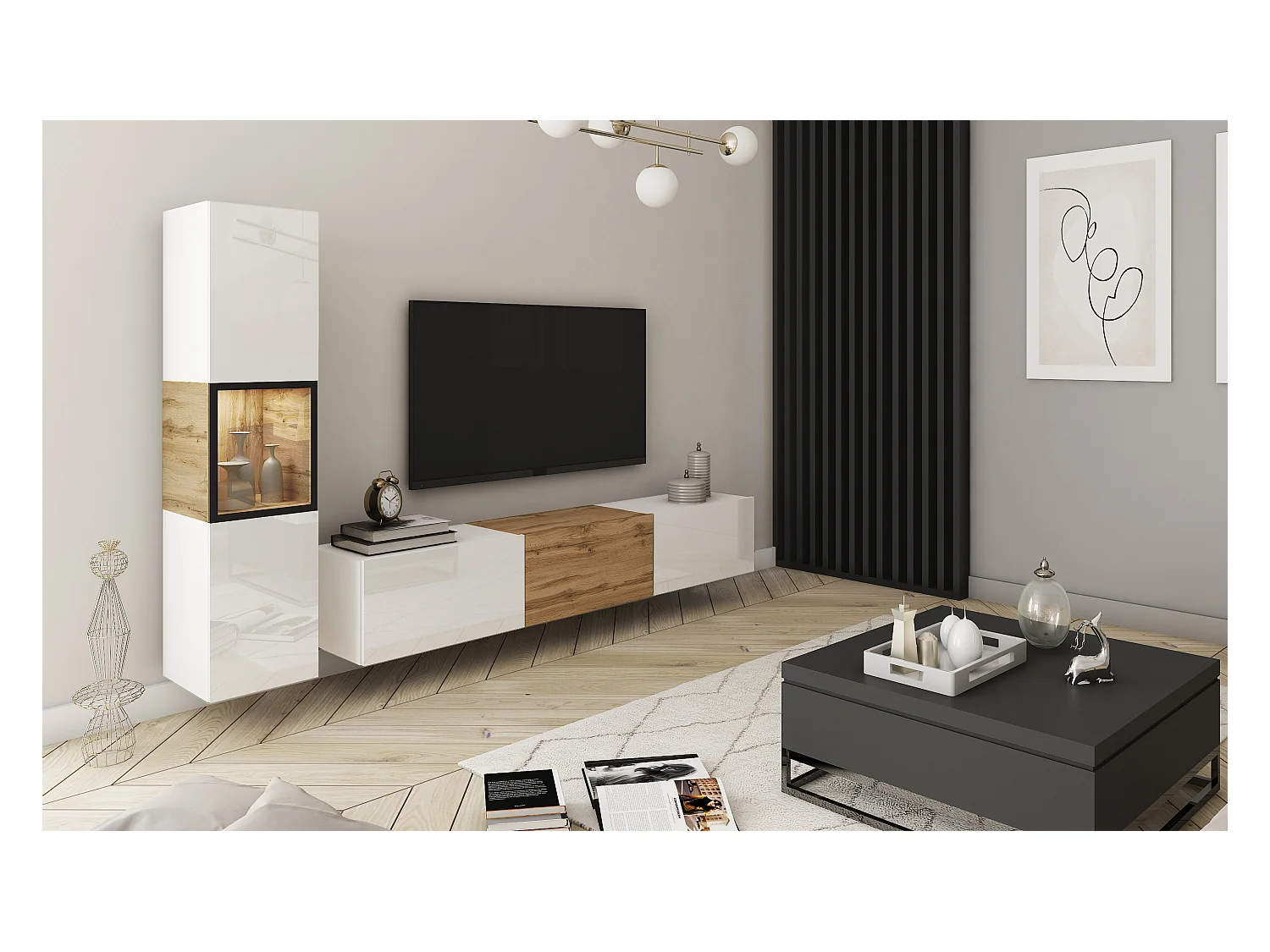 Mur TV moderne – ensemble suspendu et posé 2 éléments avec meuble TV 180 cm et vitrine, caisson chêne Wotan, façades blanc brillant