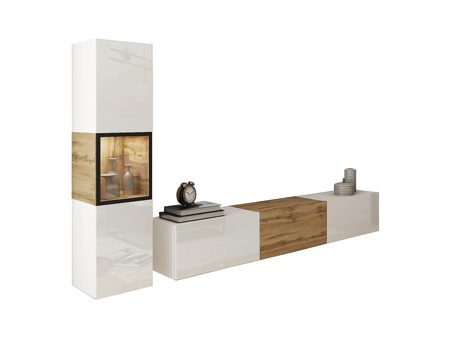 Mur TV moderne – ensemble suspendu et posé 2 éléments avec meuble TV 180 cm et vitrine, caisson chêne Wotan, façades blanc brillant