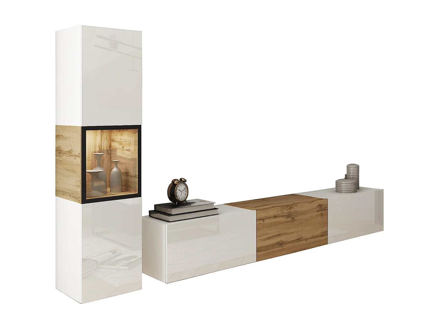 Mur TV moderne – ensemble suspendu et posé 2 éléments avec meuble TV 180 cm et vitrine, caisson chêne Wotan, façades blanc brillant