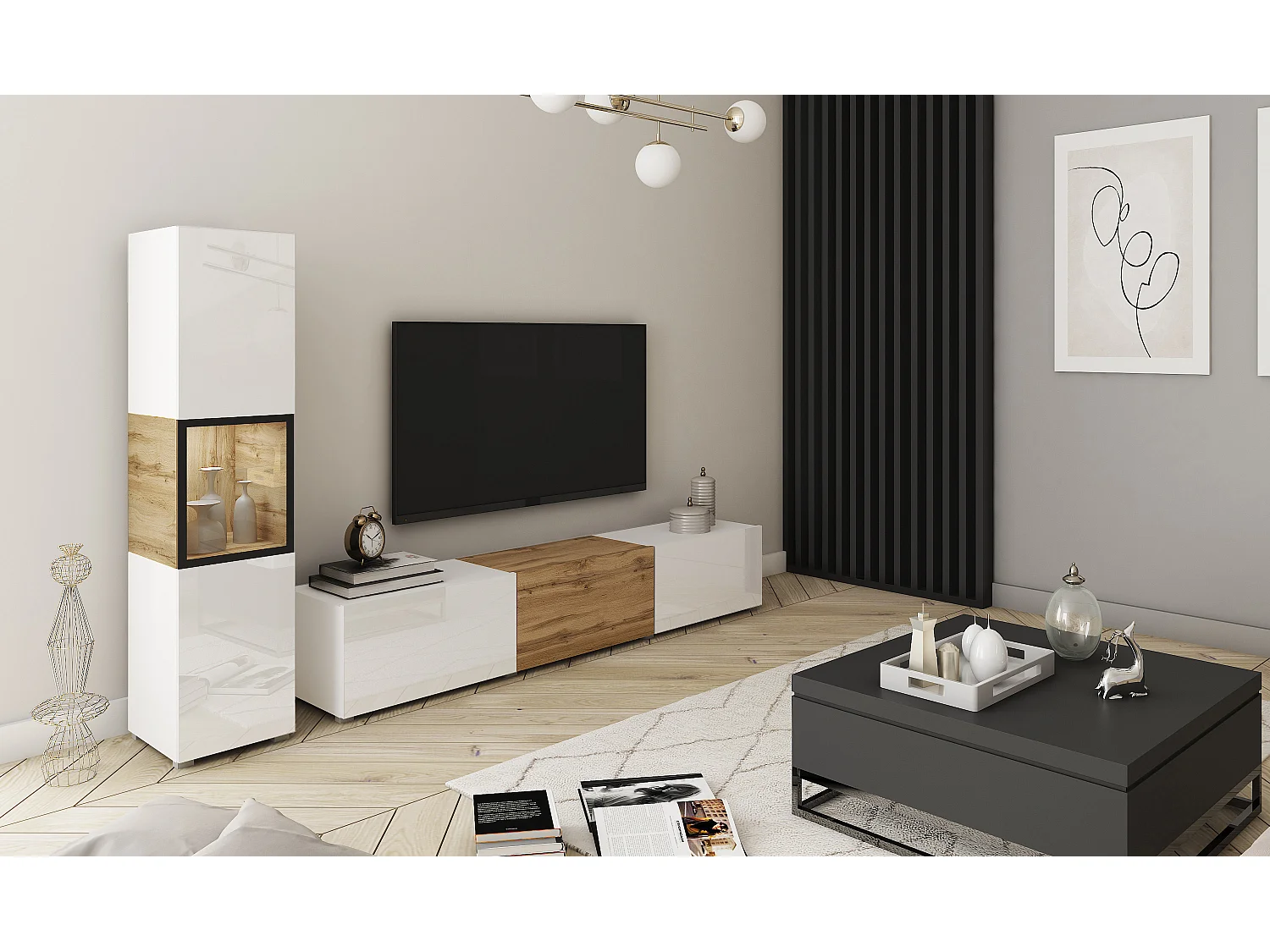 Mur TV moderne – ensemble suspendu et posé 2 éléments avec meuble TV 180 cm et vitrine, caisson chêne Wotan, façades blanc brillant