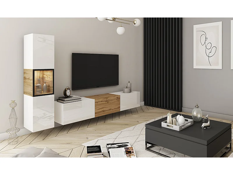 Mur TV moderne – ensemble suspendu et posé 2 éléments avec meuble TV 180 cm et vitrine, caisson chêne Wotan, façades blanc brillant