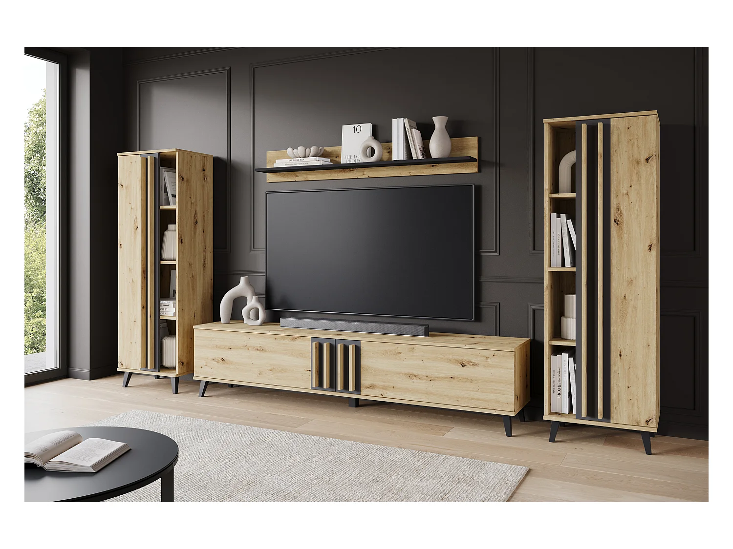 Meuble mural 180 cm pour salon sur pieds – ensemble TV moderne avec étagères et tablette, chêne artisan, noir mat