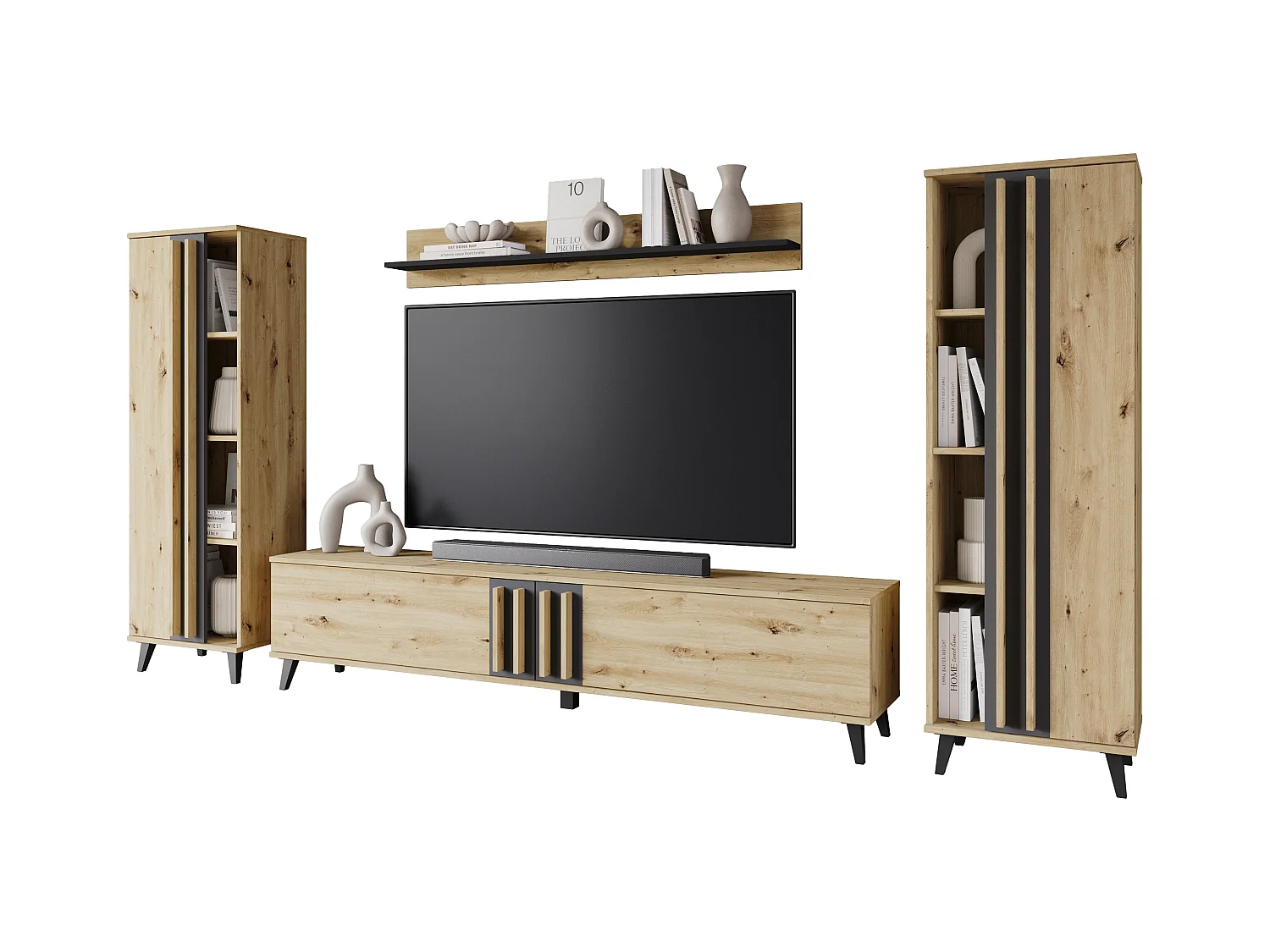 Meuble mural 180 cm pour salon sur pieds – ensemble TV moderne avec étagères et tablette, chêne artisan, noir mat