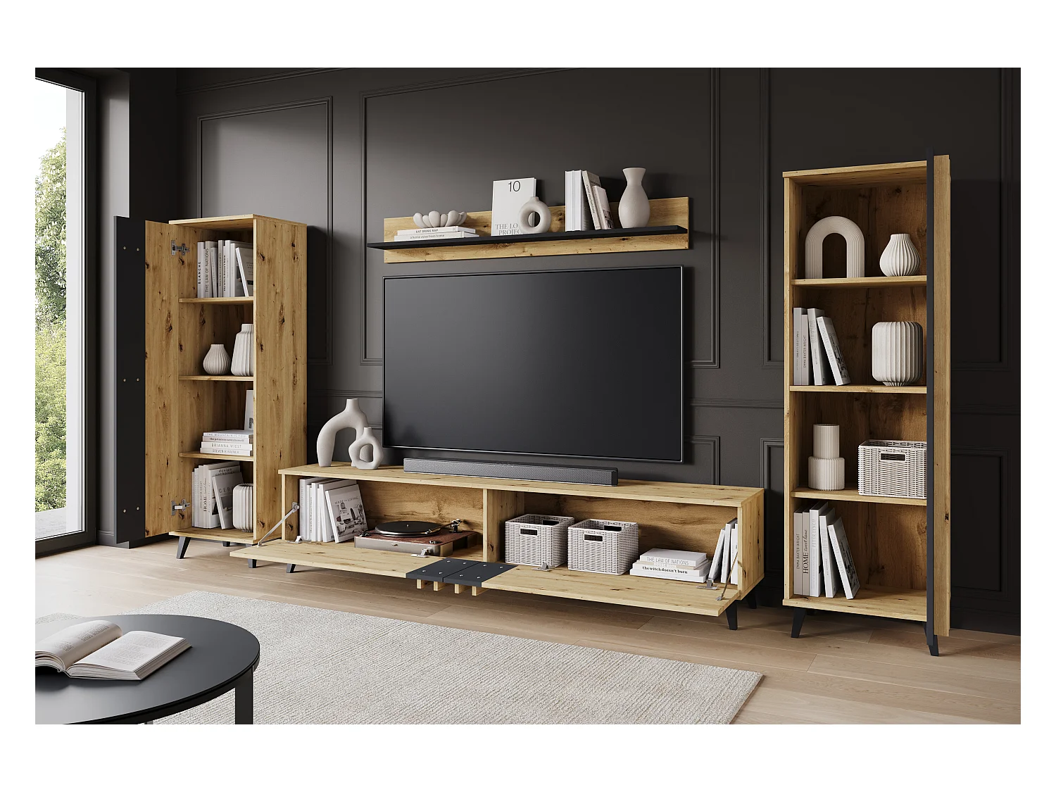 Meuble mural 180 cm pour salon sur pieds – ensemble TV moderne avec étagères et tablette, chêne artisan, noir mat