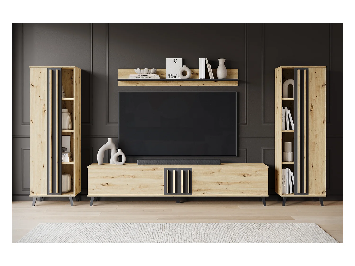 Meuble mural 180 cm pour salon sur pieds – ensemble TV moderne avec étagères et tablette, chêne artisan, noir mat