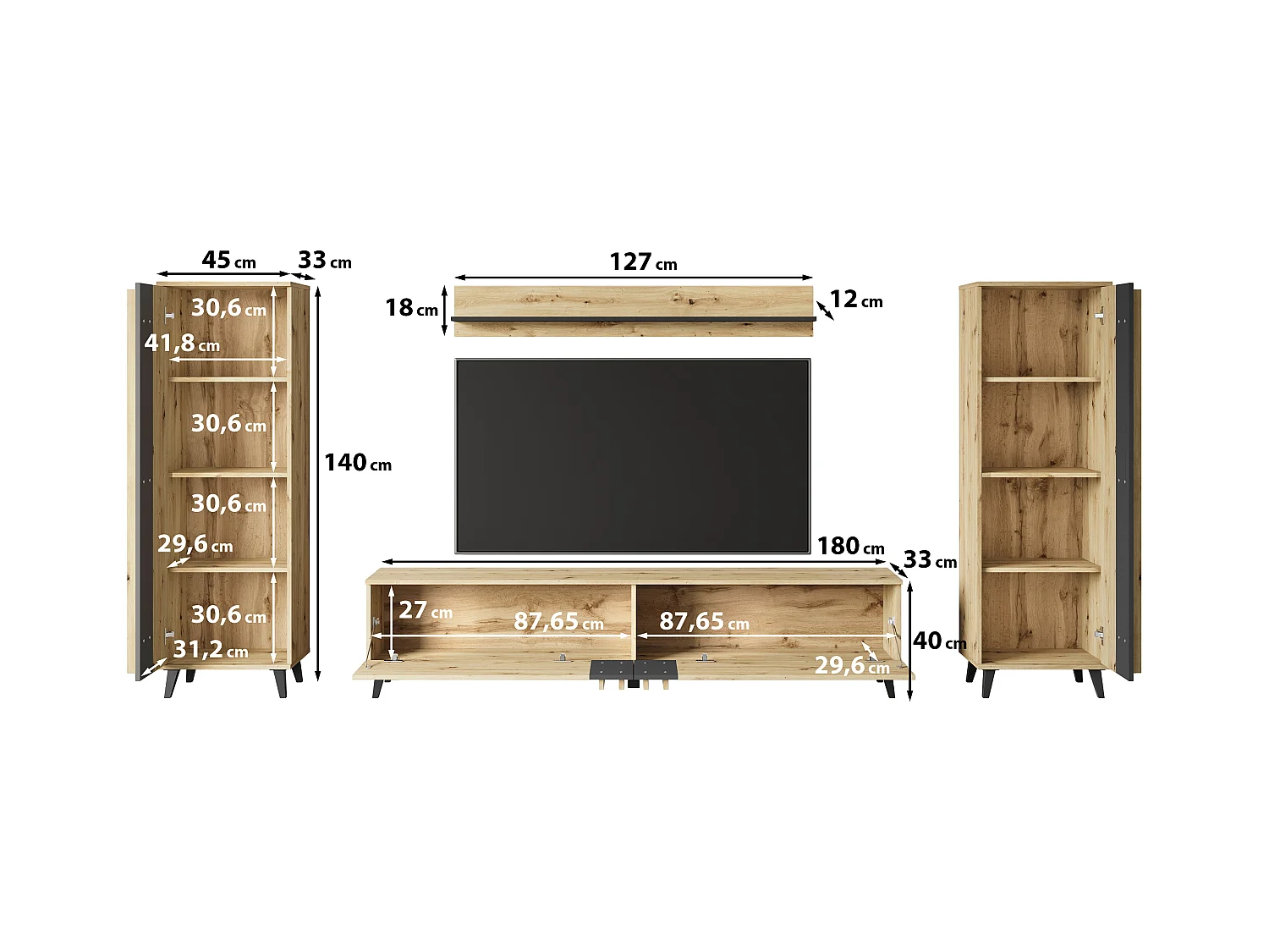 Meuble mural 180 cm pour salon sur pieds – ensemble TV moderne avec étagères et tablette, chêne artisan, noir mat