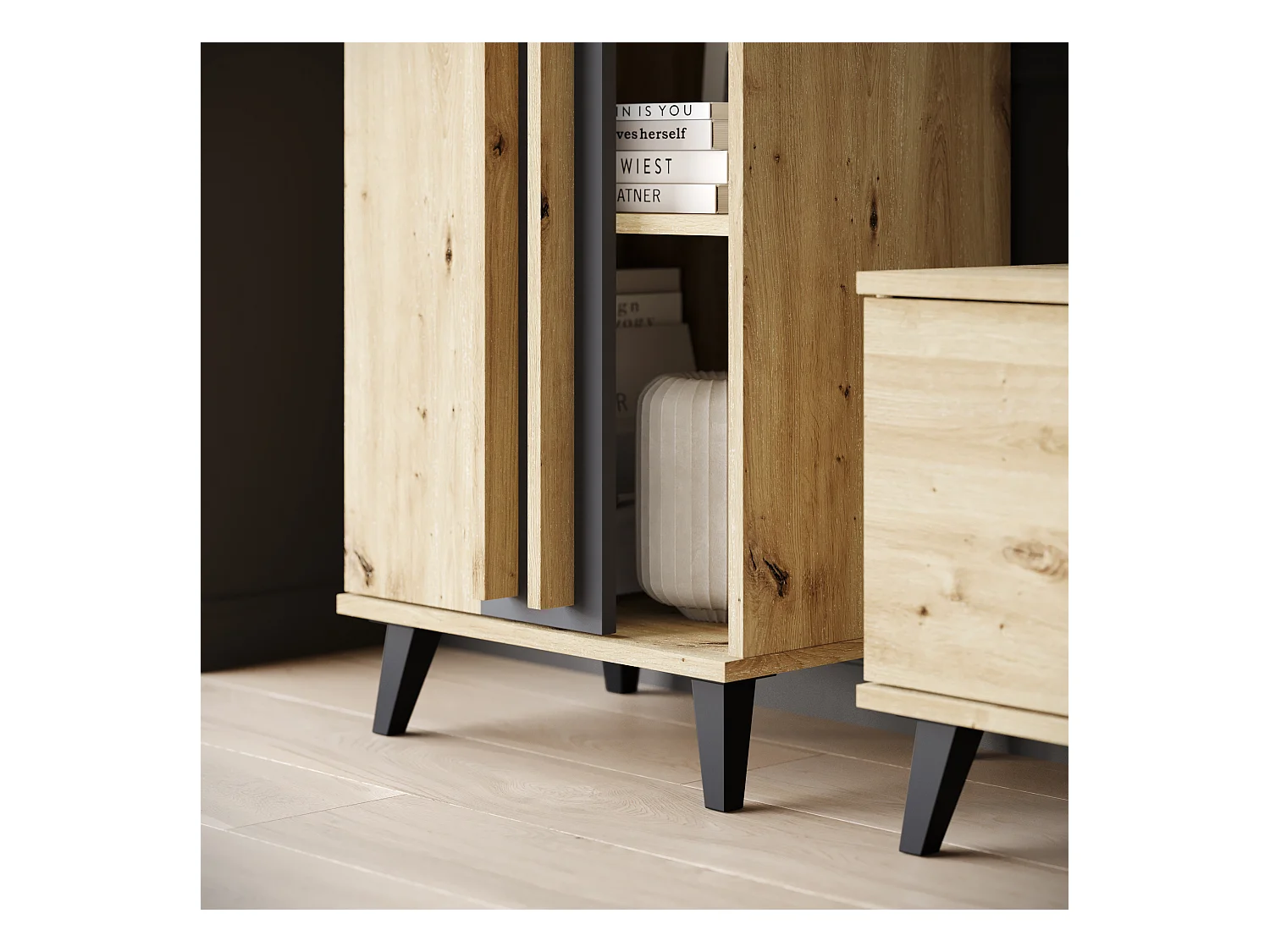 Meuble mural 180 cm pour salon sur pieds – ensemble TV moderne avec étagères et tablette, chêne artisan, noir mat