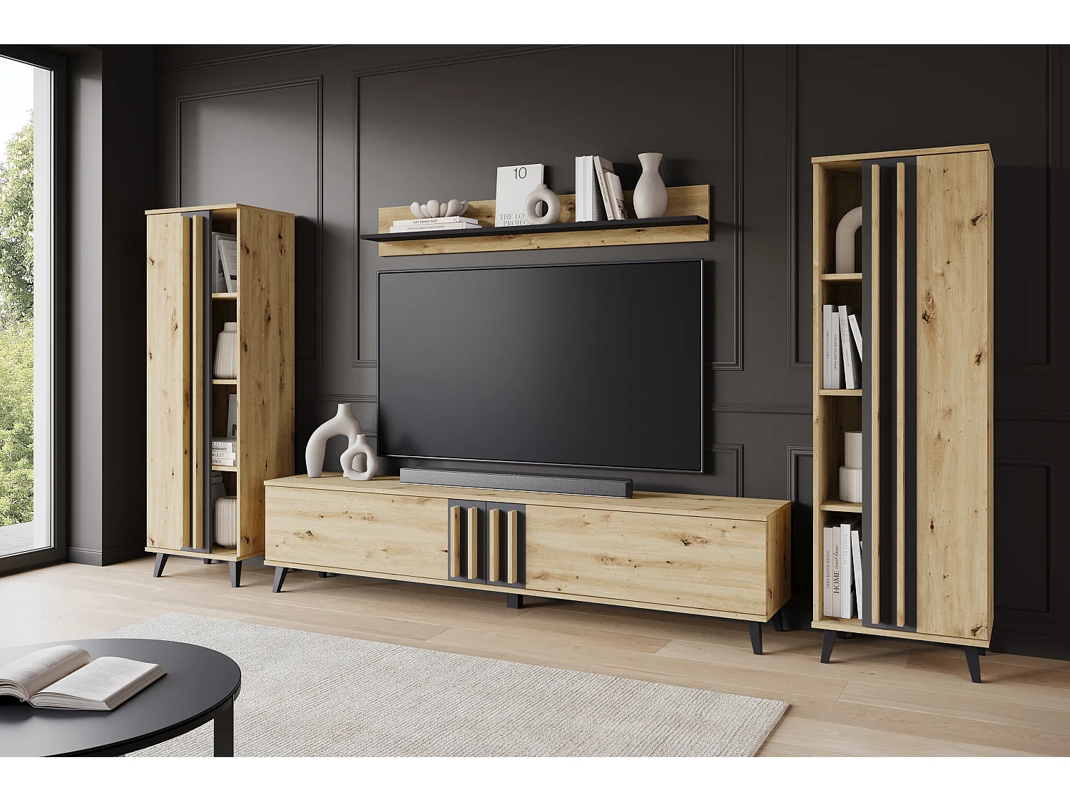 Meuble mural 180 cm pour salon sur pieds – ensemble TV moderne avec étagères et tablette, chêne artisan, noir mat