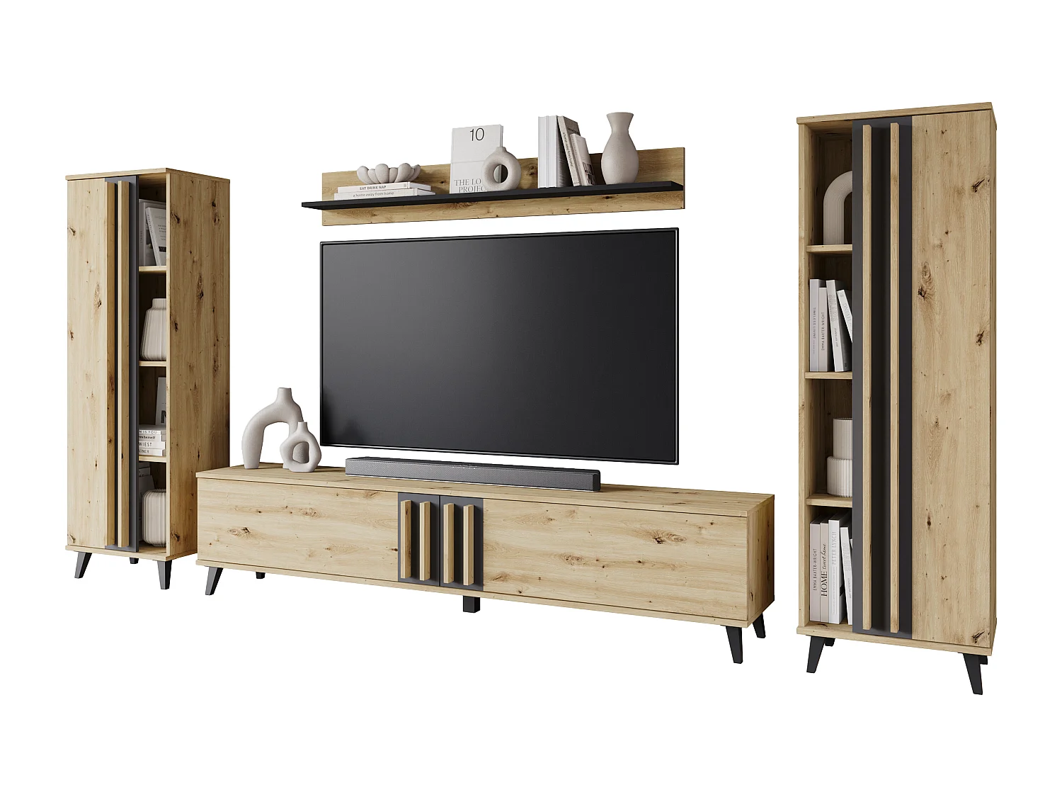 Meuble mural 180 cm pour salon sur pieds – ensemble TV moderne avec étagères et tablette, chêne artisan, noir mat