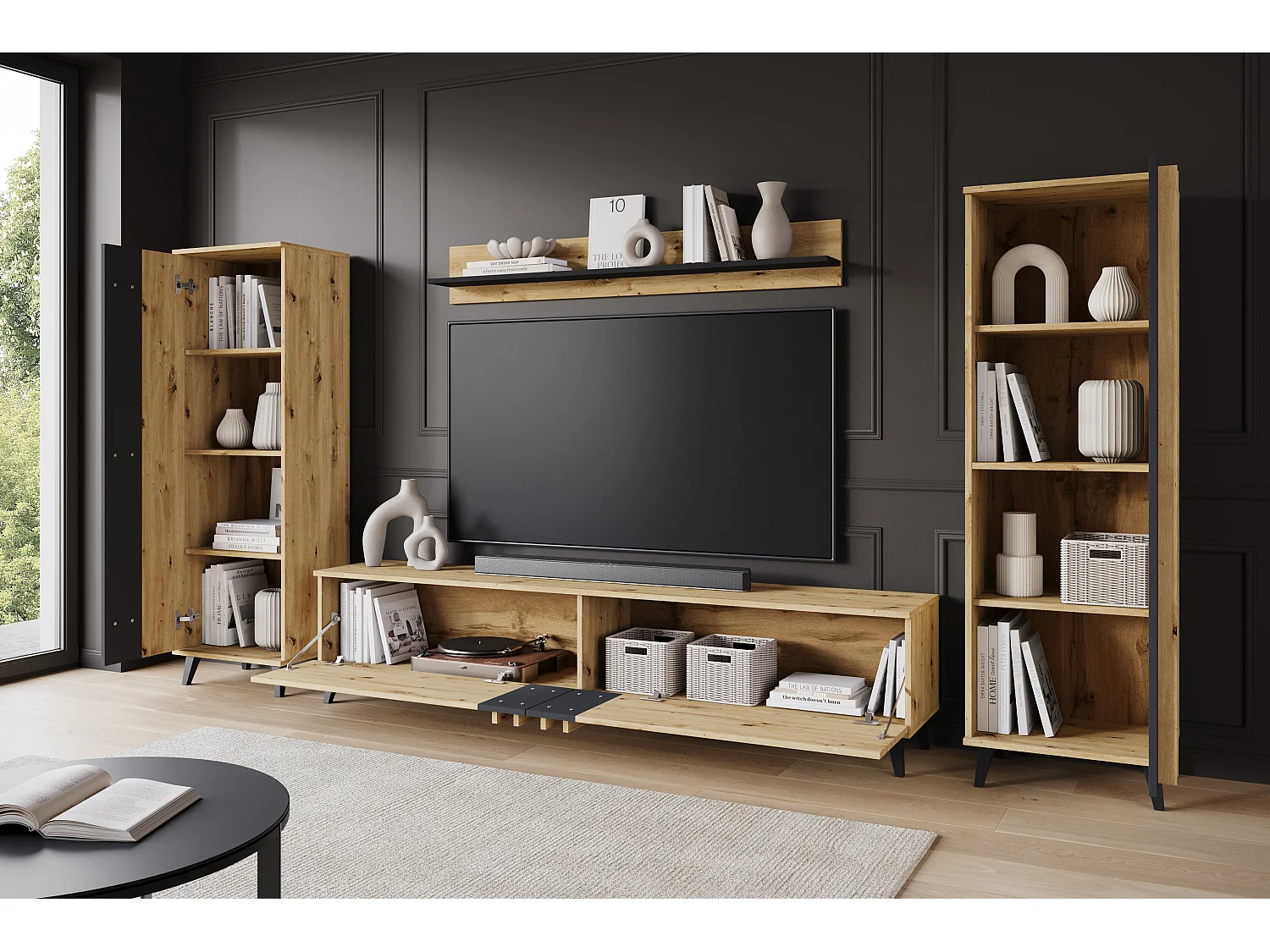 Meuble mural 180 cm pour salon sur pieds – ensemble TV moderne avec étagères et tablette, chêne artisan, noir mat