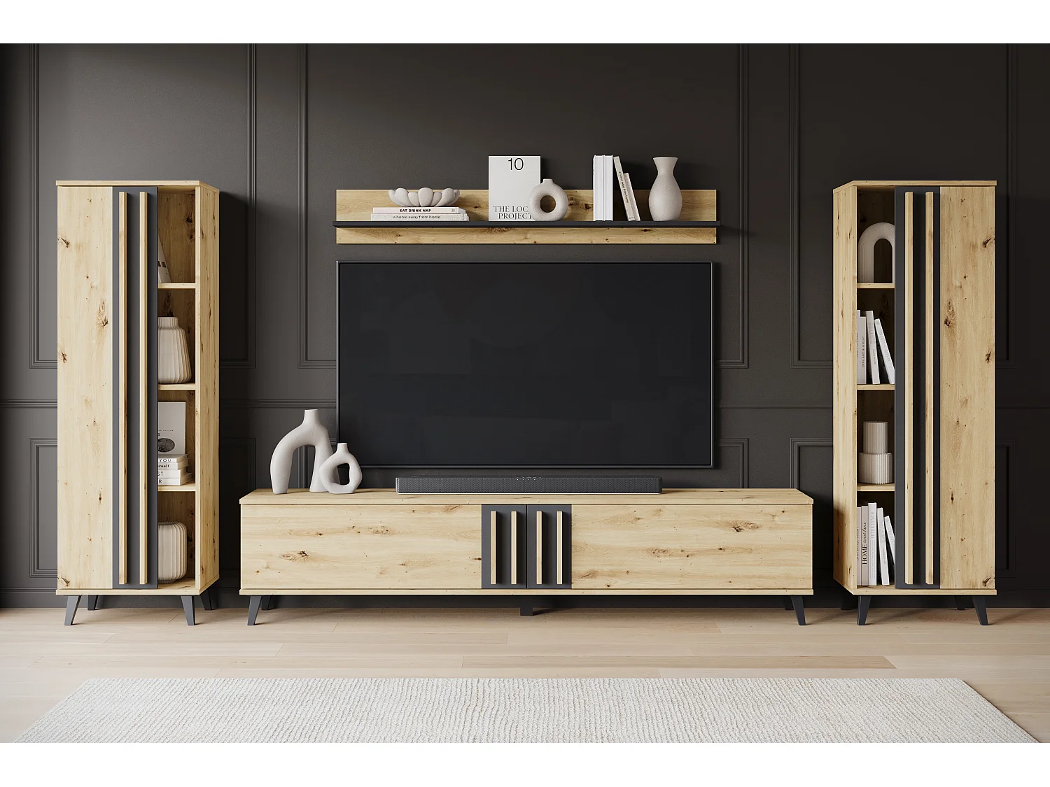 Meuble mural 180 cm pour salon sur pieds – ensemble TV moderne avec étagères et tablette, chêne artisan, noir mat