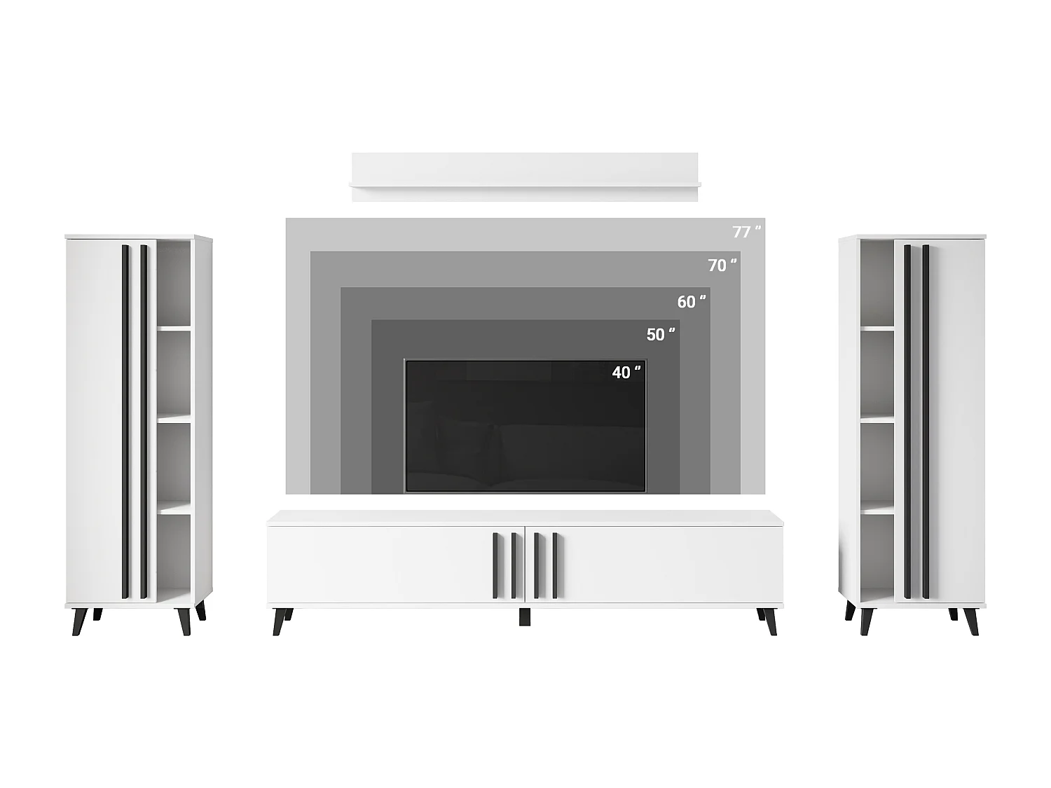 Meuble mural 180 cm pour salon sur pieds – ensemble TV moderne avec étagères et tablette, chêne artisan, noir mat