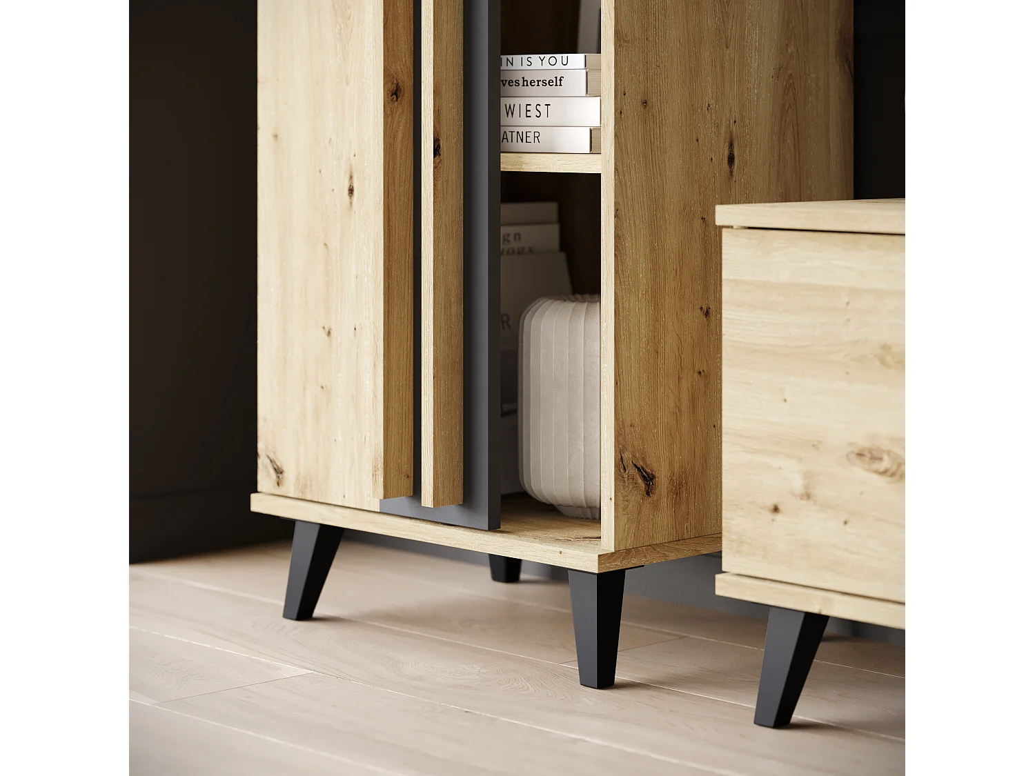 Meuble mural 180 cm pour salon sur pieds – ensemble TV moderne avec étagères et tablette, chêne artisan, noir mat