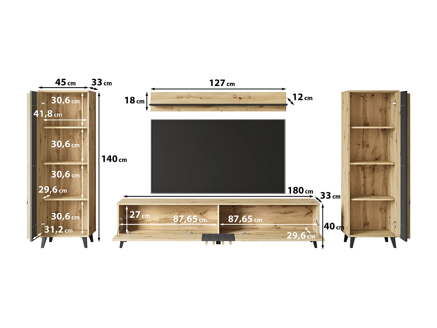 Meblościanka 180 cm do salonu na nóżkach – nowoczesny zestaw RTV z regałami i półką, dąb artisan, czarny mat