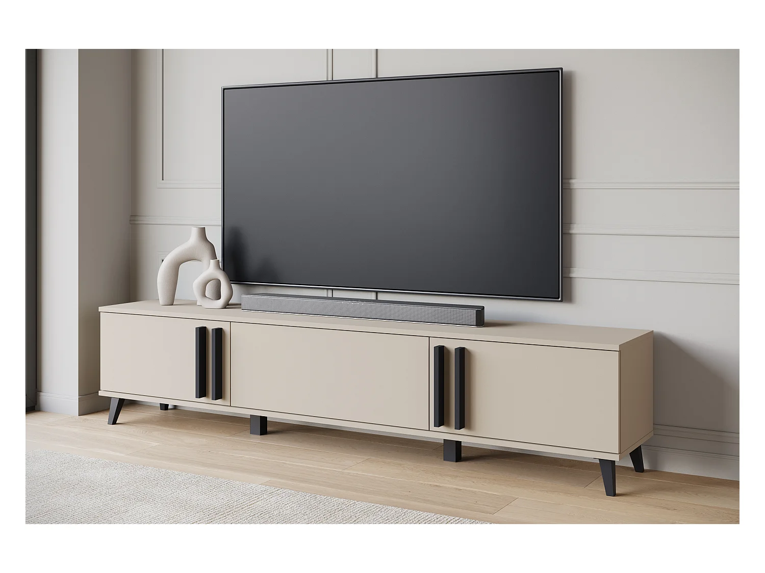 Meuble TV 180 cm sur pieds pour salon – lowboard moderne avec trois abattants, Congo mat, poignées graphite noir