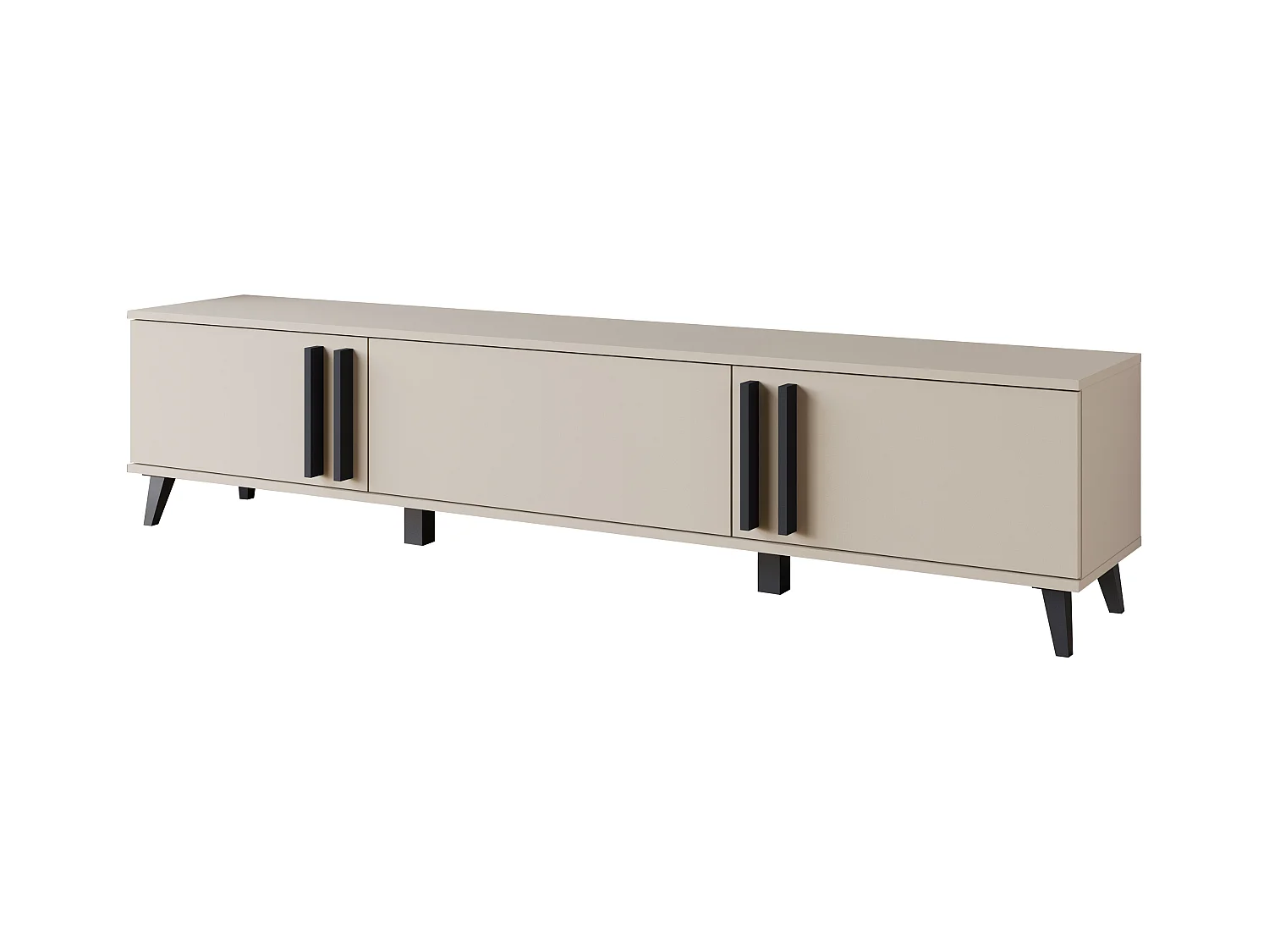 Meuble TV 180 cm sur pieds pour salon – lowboard moderne avec trois abattants, Congo mat, poignées graphite noir