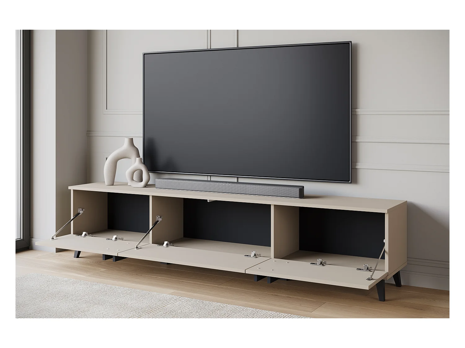 Meuble TV 180 cm sur pieds pour salon – lowboard moderne avec trois abattants, Congo mat, poignées graphite noir