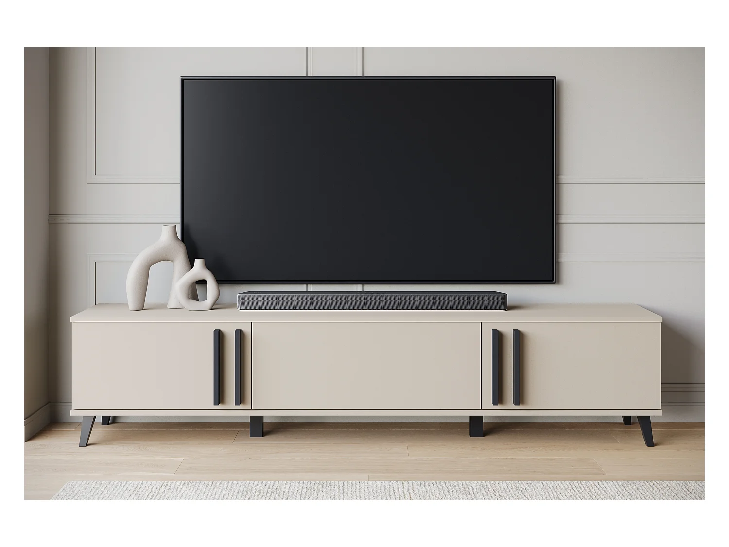 Meuble TV 180 cm sur pieds pour salon – lowboard moderne avec trois abattants, Congo mat, poignées graphite noir