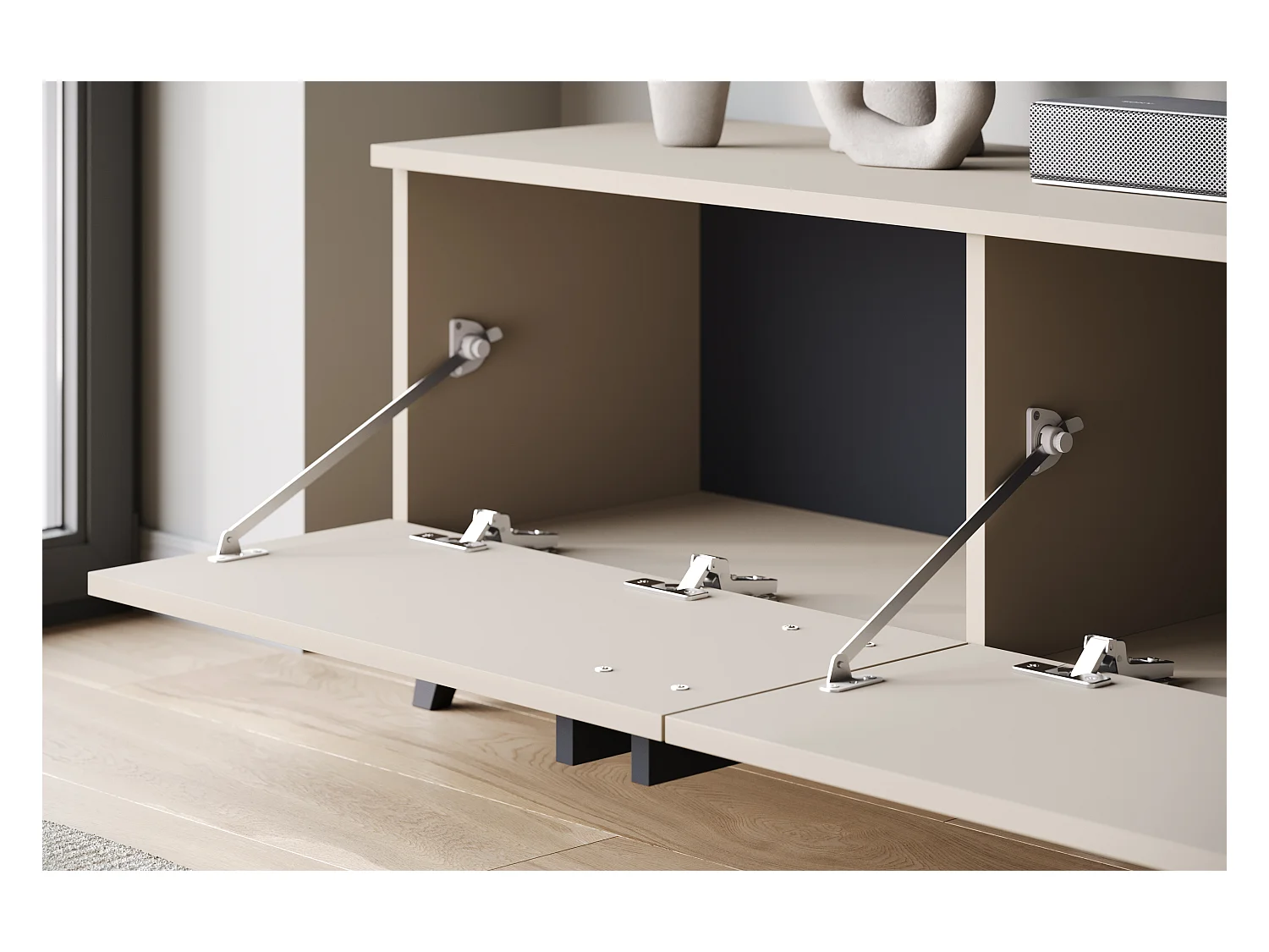 Meuble TV 180 cm sur pieds pour salon – lowboard moderne avec trois abattants, Congo mat, poignées graphite noir