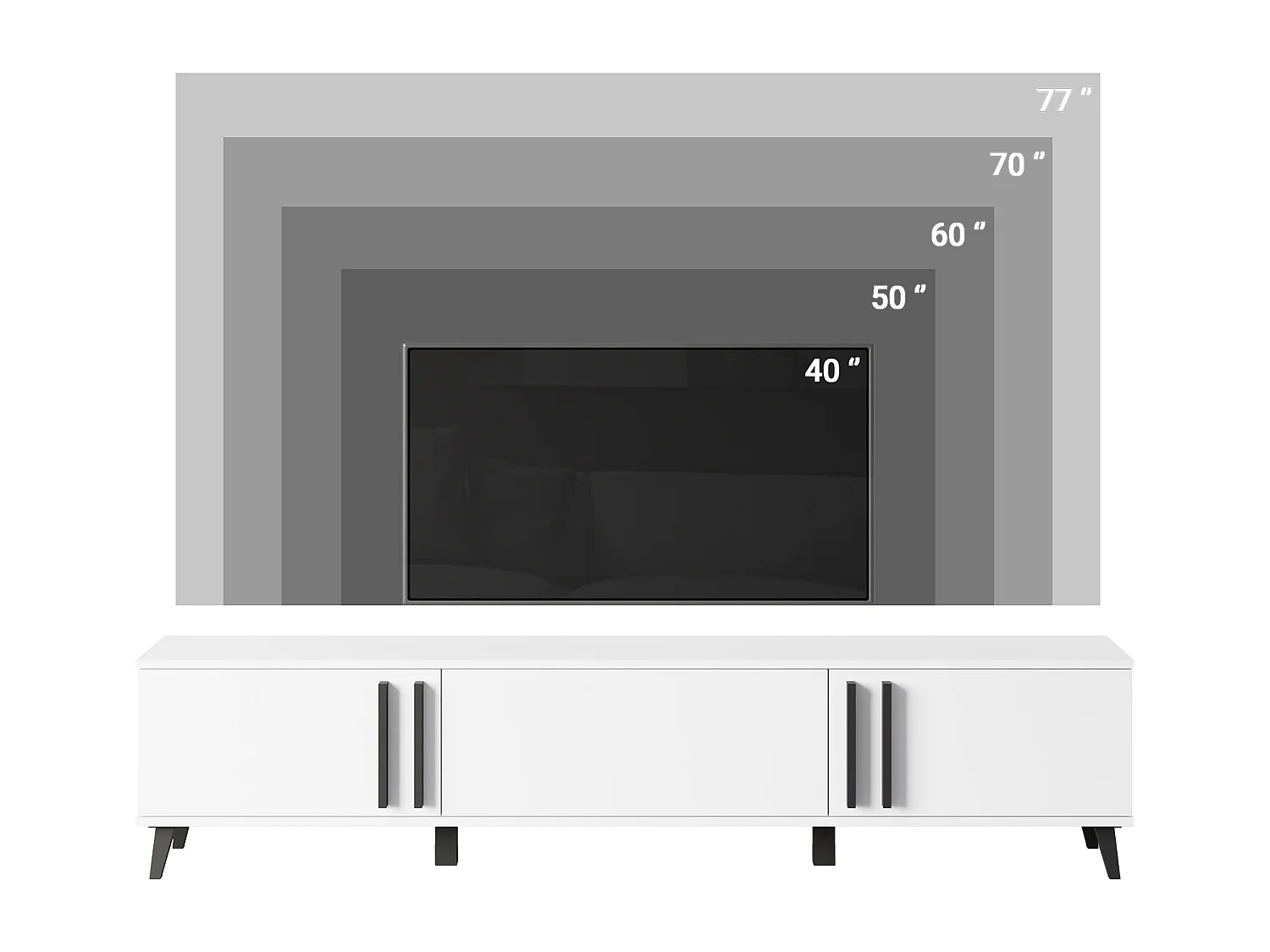 Meuble TV 180 cm sur pieds pour salon – lowboard moderne avec trois abattants, Congo mat, poignées graphite noir