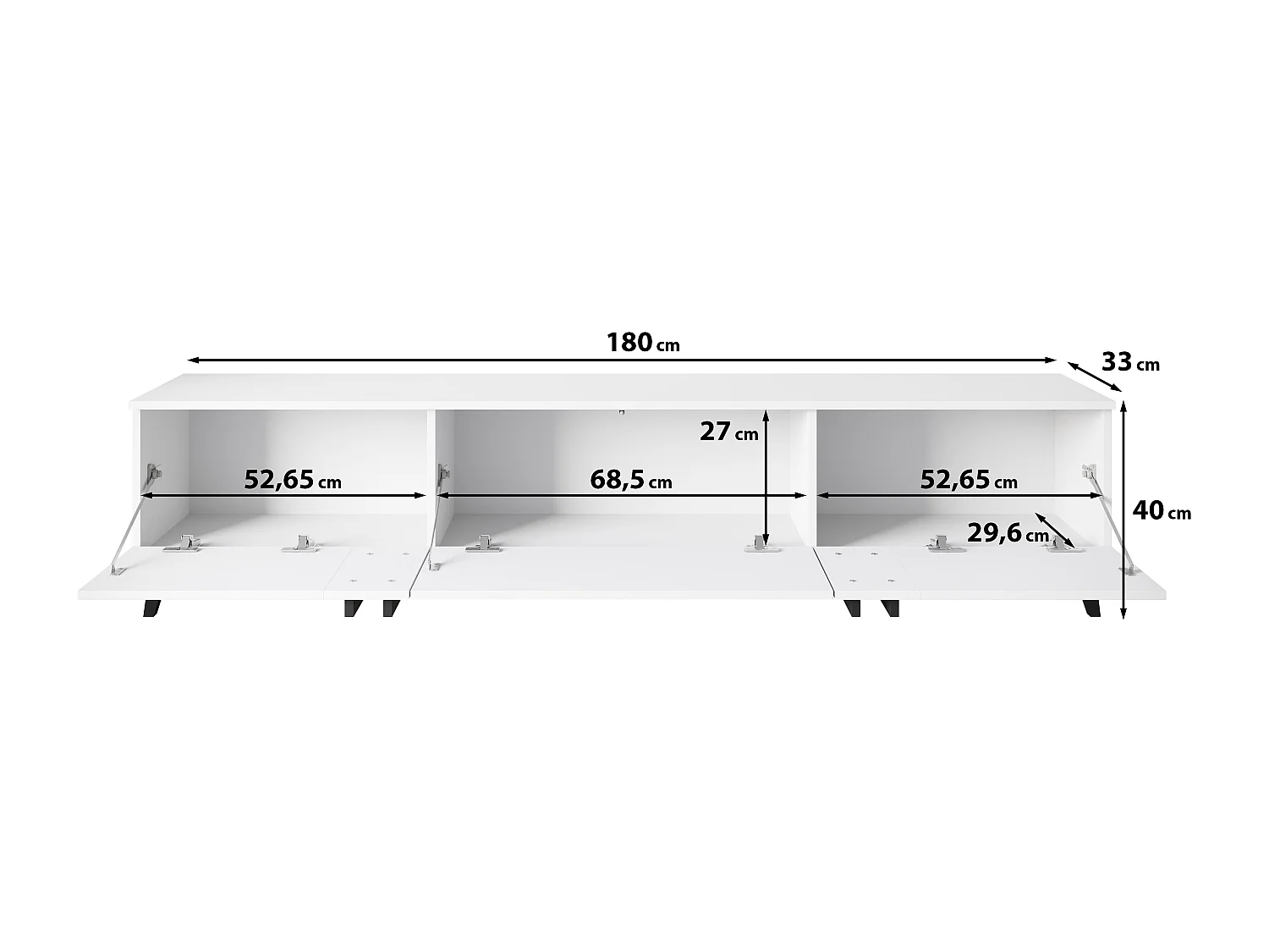 Meuble TV 180 cm sur pieds pour salon – lowboard moderne avec trois abattants, Congo mat, poignées graphite noir