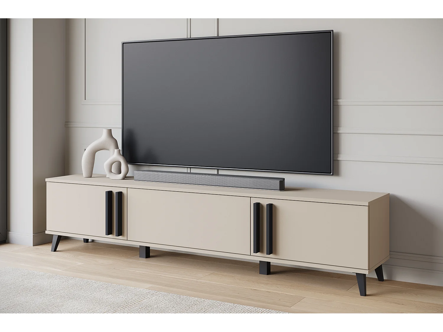 TV-meubel 180 cm op poten voor woonkamer – moderne lowboard met drie kleppen, Congo mat, handgrepen zwart grafiet