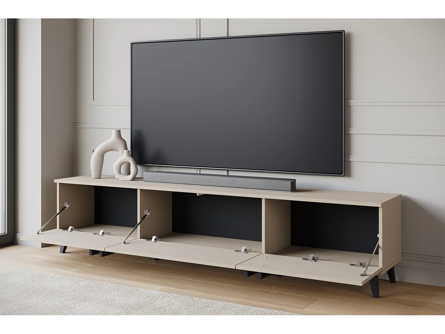 TV-meubel 180 cm op poten voor woonkamer – moderne lowboard met drie kleppen, Congo mat, handgrepen zwart grafiet