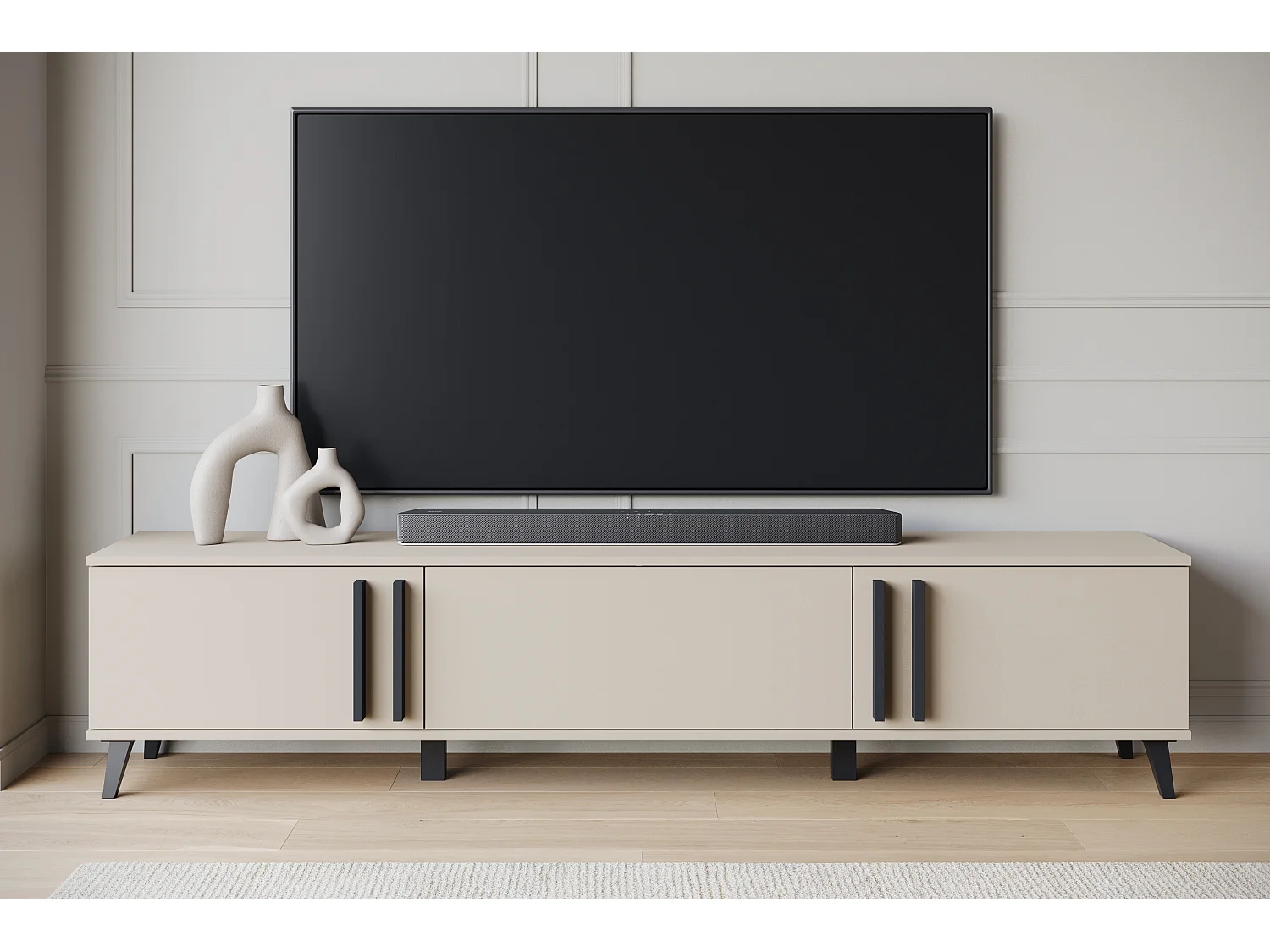 TV-meubel 180 cm op poten voor woonkamer – moderne lowboard met drie kleppen, Congo mat, handgrepen zwart grafiet