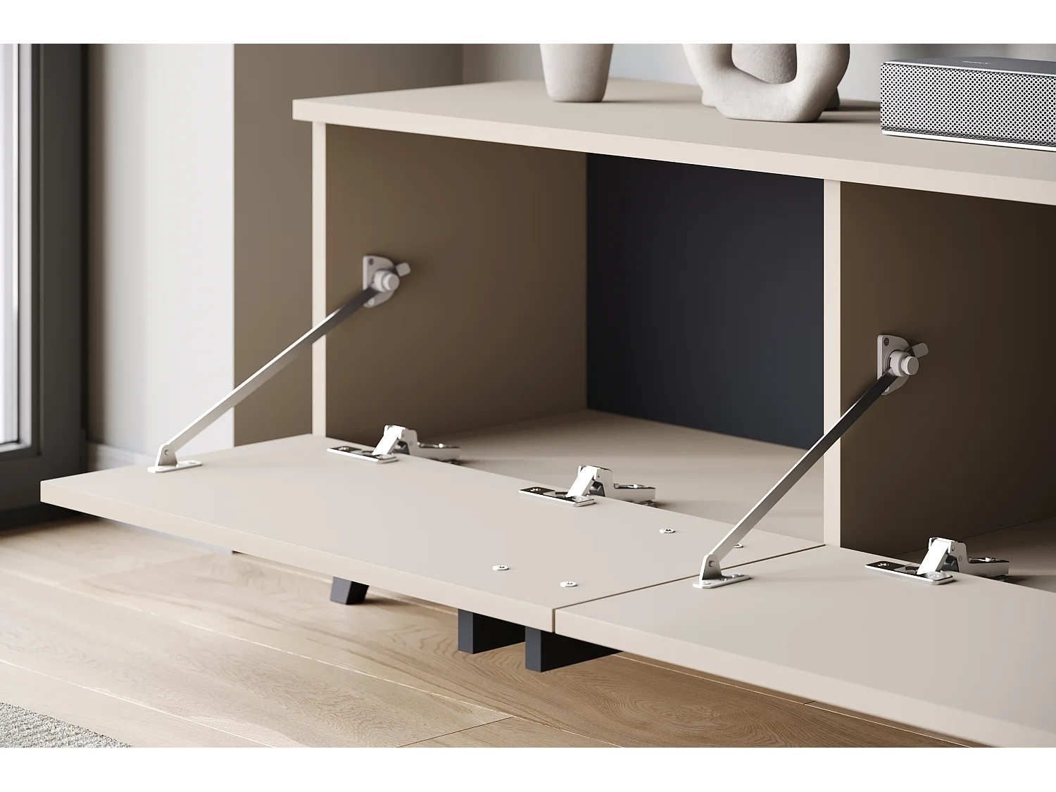 TV-meubel 180 cm op poten voor woonkamer – moderne lowboard met drie kleppen, Congo mat, handgrepen zwart grafiet