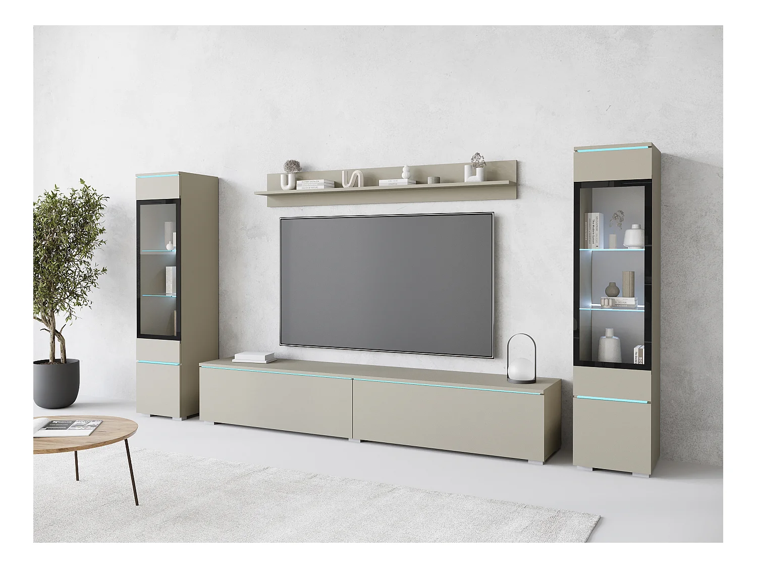Ensemble moderne de meubles de salon 4 éléments – meuble TV 180 cm, 2 vitrines et étagère – mur TV beige cachemire mat, autoportant ou suspendu