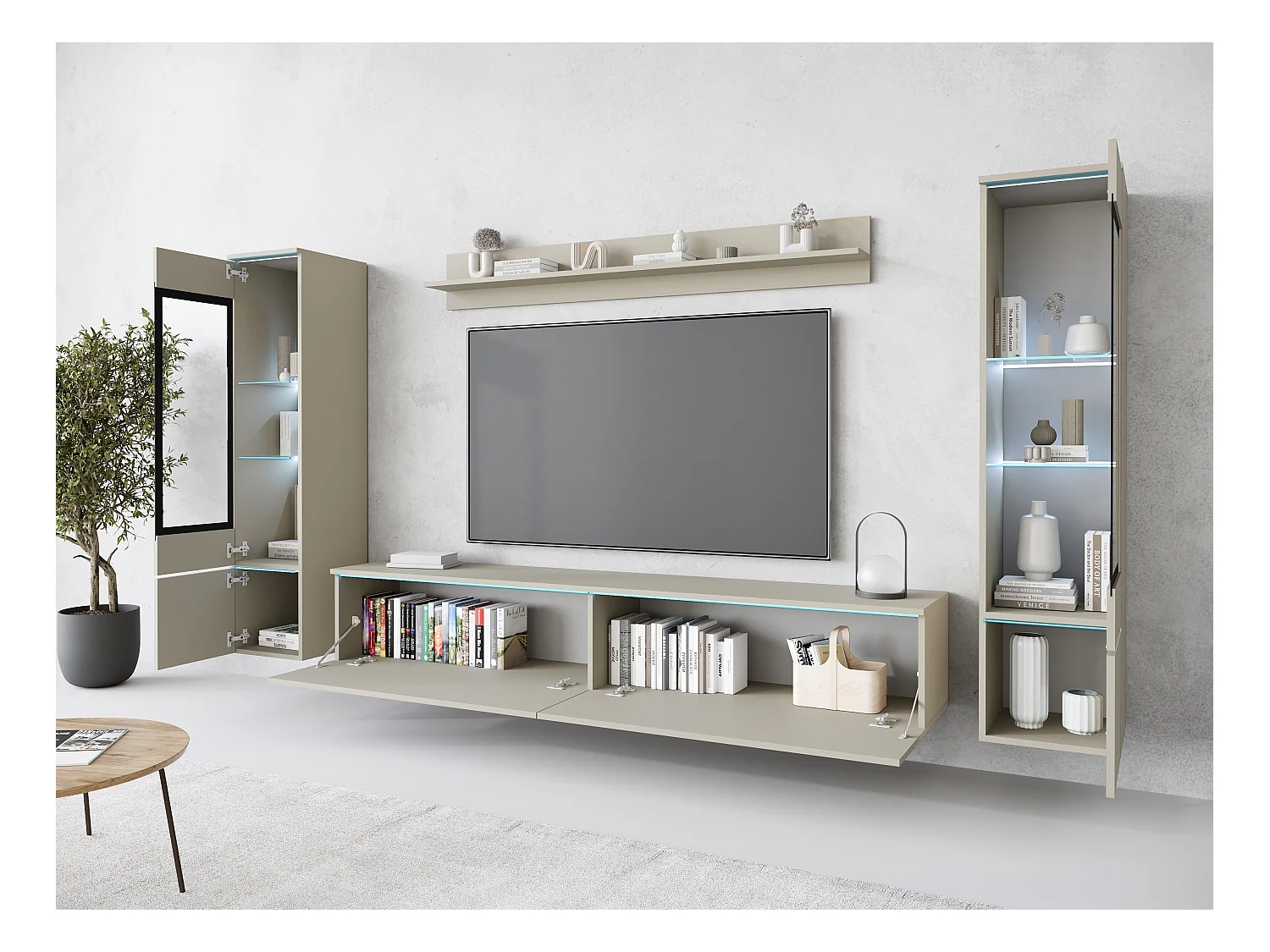 Ensemble moderne de meubles de salon 4 éléments – meuble TV 180 cm, 2 vitrines et étagère – mur TV beige cachemire mat, autoportant ou suspendu