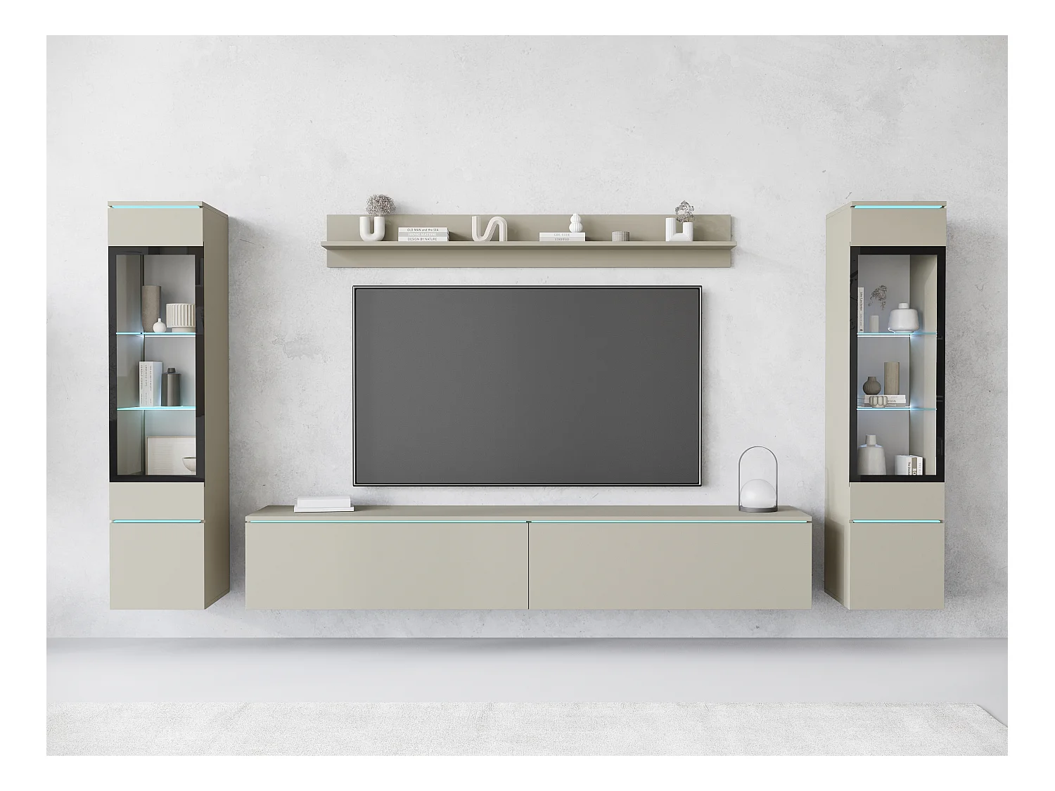 Ensemble moderne de meubles de salon 4 éléments – meuble TV 180 cm, 2 vitrines et étagère – mur TV beige cachemire mat, autoportant ou suspendu