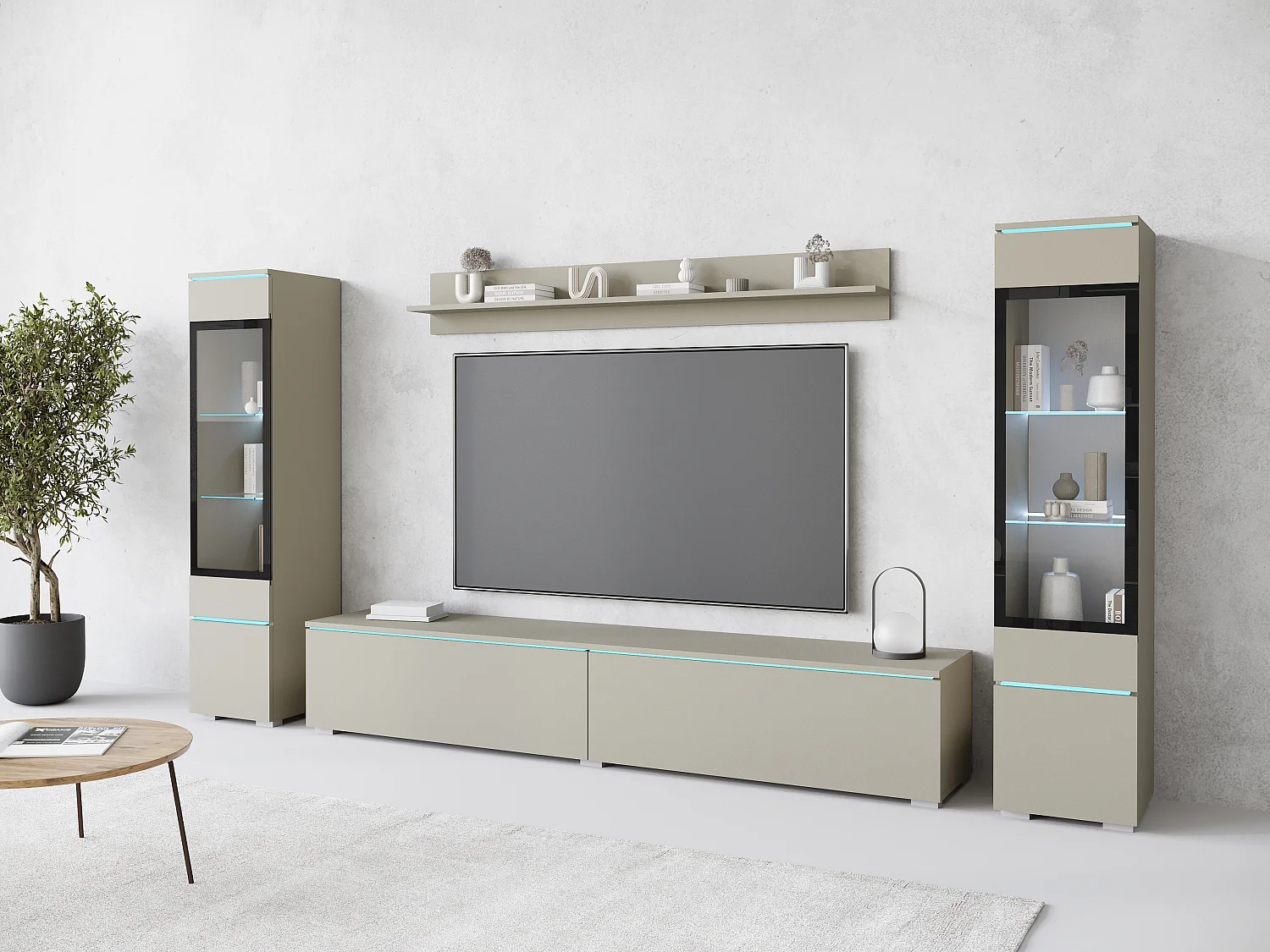 Ensemble moderne de meubles de salon 4 éléments – meuble TV 180 cm, 2 vitrines et étagère – mur TV beige cachemire mat, autoportant ou suspendu