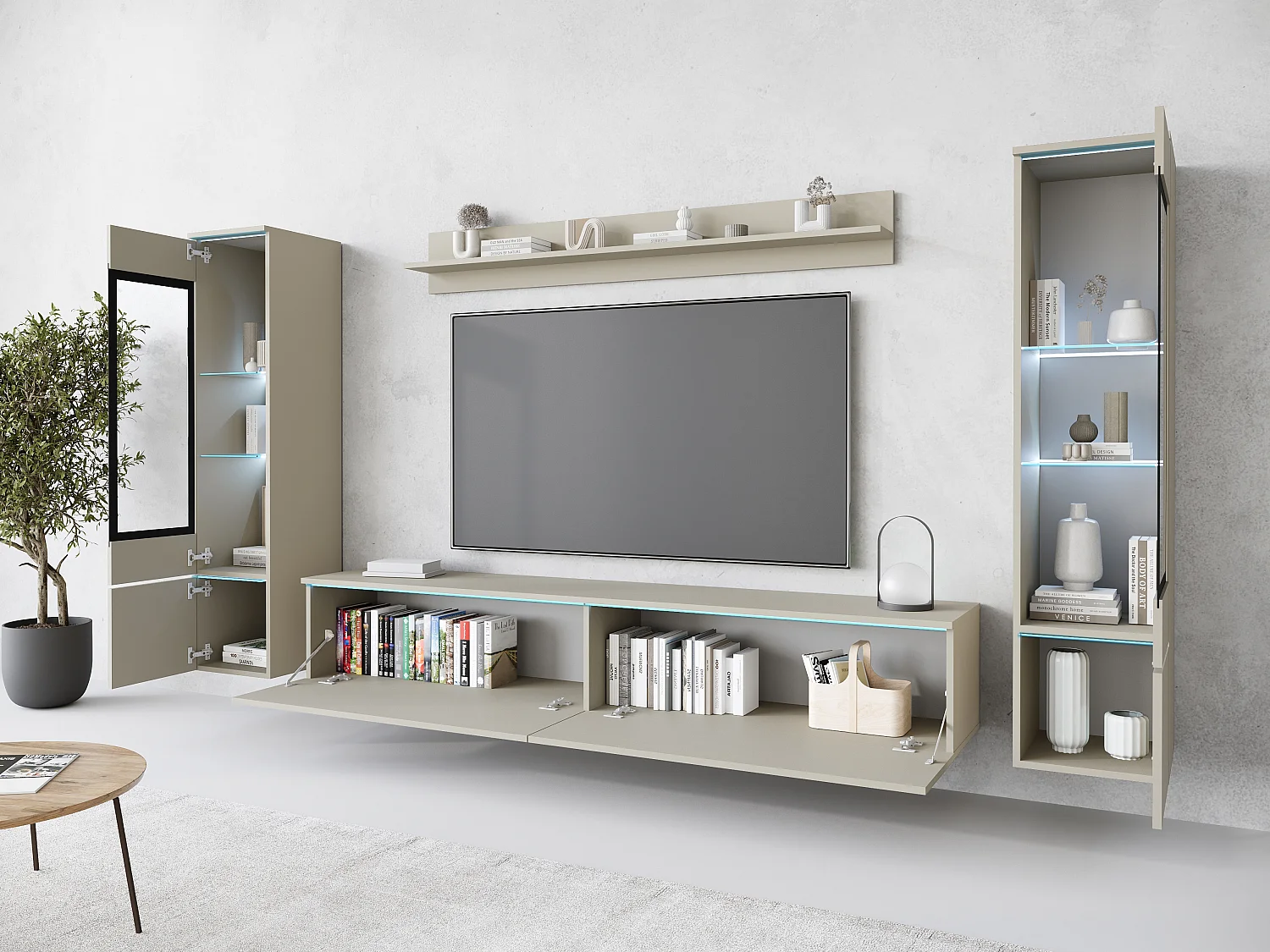Ensemble moderne de meubles de salon 4 éléments – meuble TV 180 cm, 2 vitrines et étagère – mur TV beige cachemire mat, autoportant ou suspendu