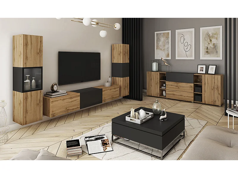 Mur TV moderne ensemble suspendu et posé 3 pièces avec meuble TV 180 cm vitrine et colonne chêne wotan noir mat