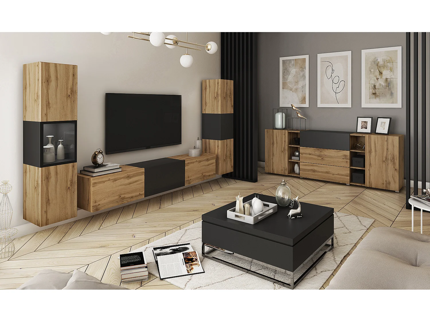 Mur TV moderne ensemble suspendu et posé 3 pièces avec meuble TV 180 cm vitrine et colonne chêne wotan noir mat