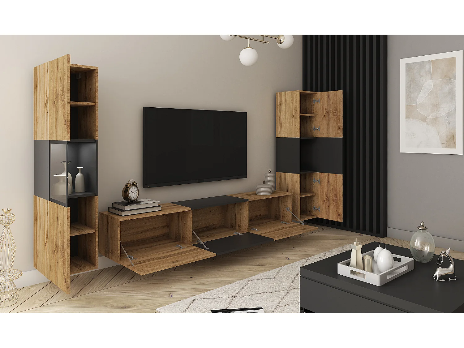 Mur TV moderne ensemble suspendu et posé 3 pièces avec meuble TV 180 cm vitrine et colonne chêne wotan noir mat