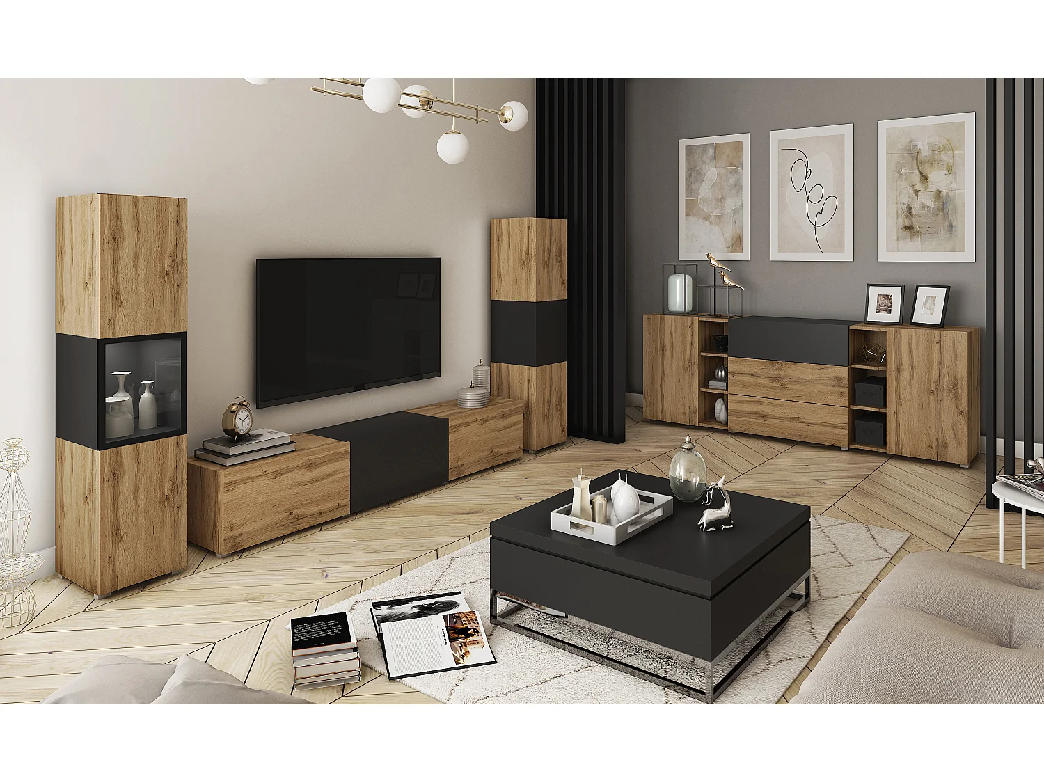 Mur TV moderne ensemble suspendu et posé 3 pièces avec meuble TV 180 cm vitrine et colonne chêne wotan noir mat