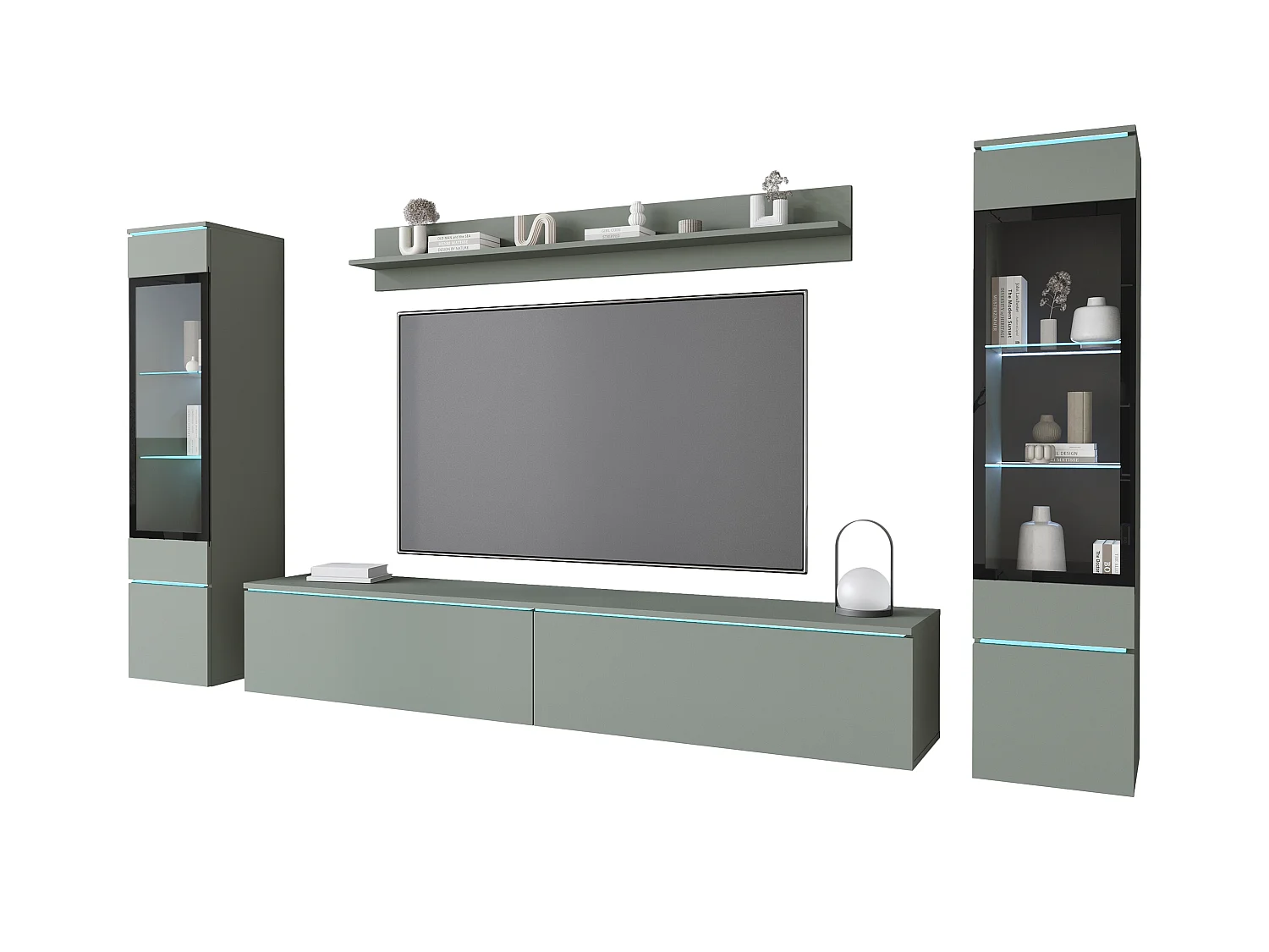 Ensemble moderne de meubles de salon 4 éléments – meuble TV 180 cm, 2 vitrines et étagère – mur TV vert brume mat, autoportant ou suspendu